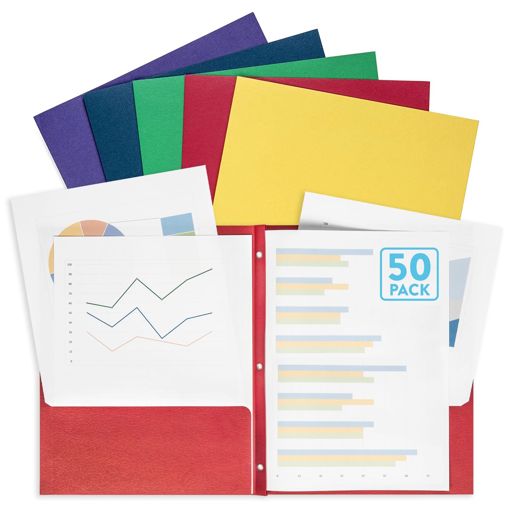 Blue Summit Supplies 50 Two Pocket Folders with Prongs, Designed for Office and Classroom Use, Assorted 5 Colors, 50 Pack Colored 2 Pocket 3 Prong Folders