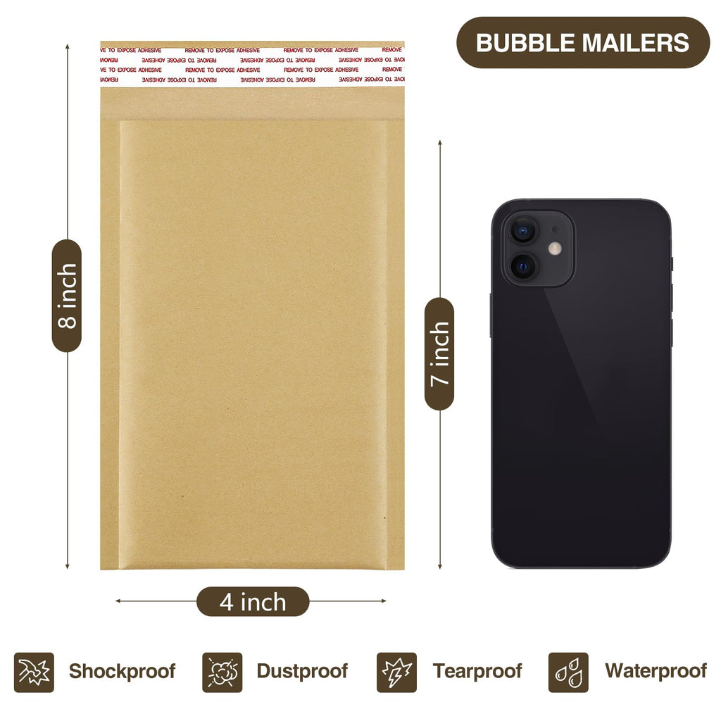 UCGOU Natural Kraft Bubble Mailers 4x8 Inch 50 Pack Brown Padded Envelopes #000 Small Business Mailing Packages Self Sealing Tear Resistant Boutique Bulk Shipping Bags for Jewelry Makeup Supplies