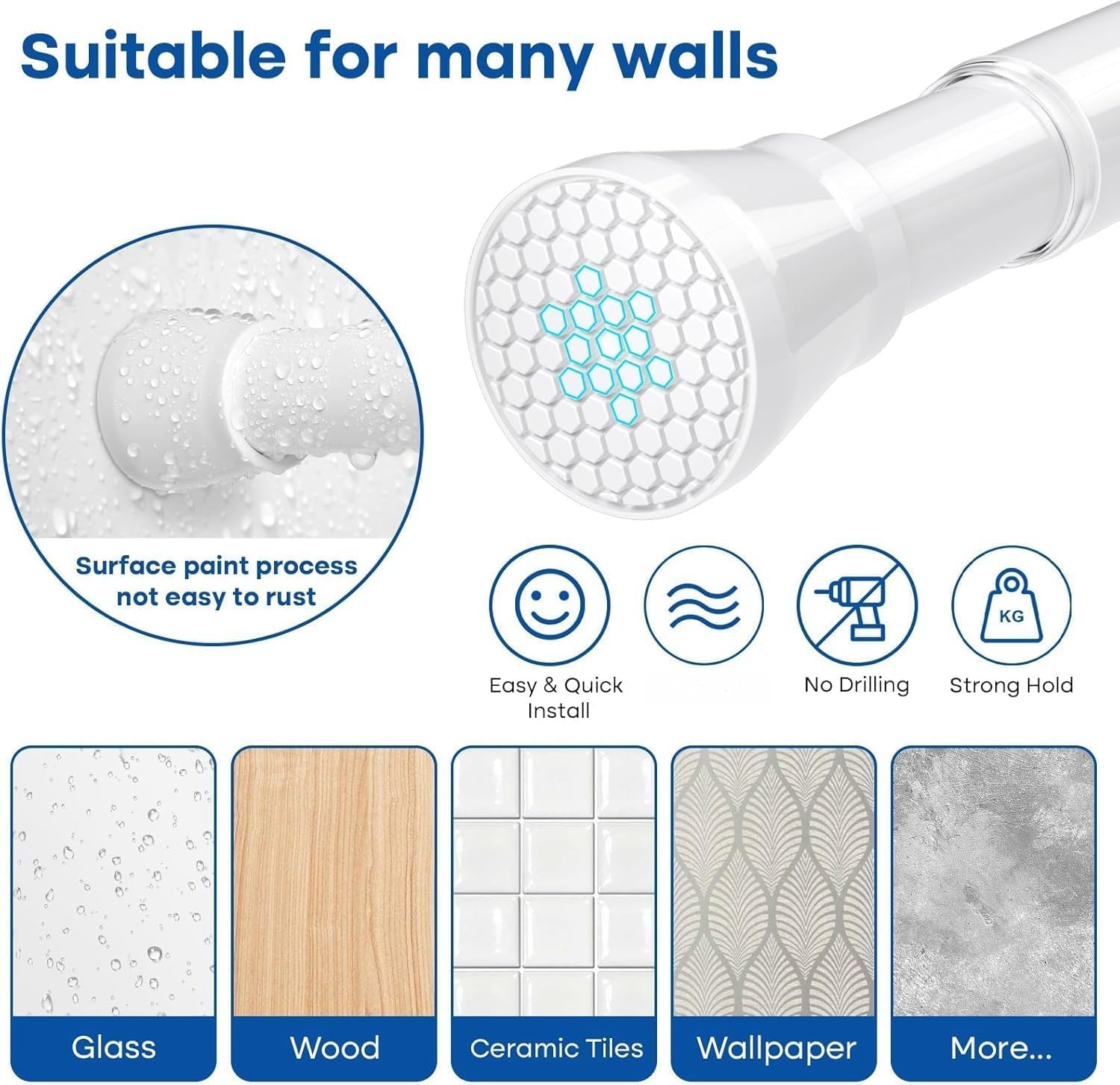 QINGYUN 1Pcs Shower Curtain Rod 45 to 75 Inch White Shower Curtain Rod No Drilling Adjustable Tension Curtain Rod for Windows Pressure Spring Curtain Rod for Doorway,Kitchen