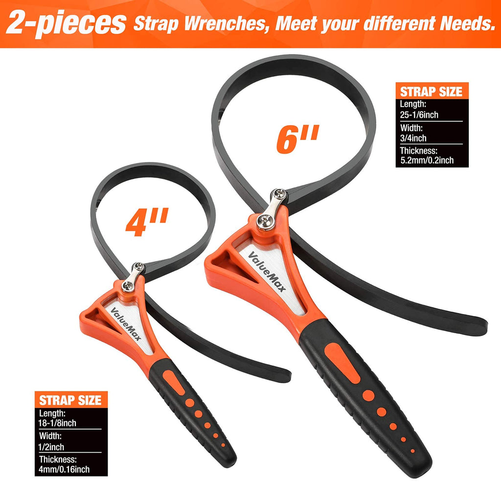 ValueMax 2-Piece Strap Wrench Set, Adjustable Wrench with Max Diameter 4" (Small) and 6"(Large), Oil Filter Wrench Set, Jar Opener, Shower Head Wrench, Water Filter Wrench, Orange