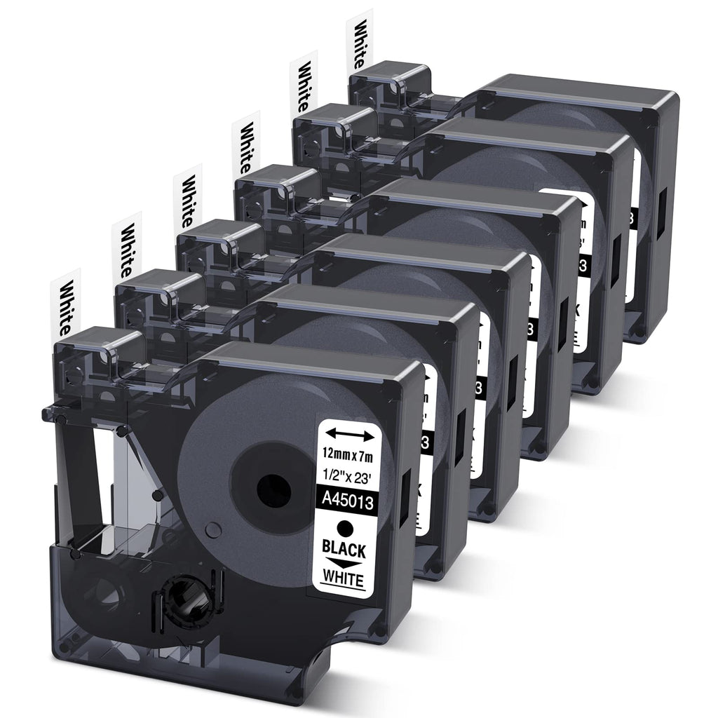 6-Pack Compatible Dymo D1 Label Tape 45013 Replace for DYMO Label Maker Refills a45013 S0720530, Black on White,1/2 Inch x 23 Ft for Dymo LabelManager 160 280 210D 420P 360D PnP Label Maker