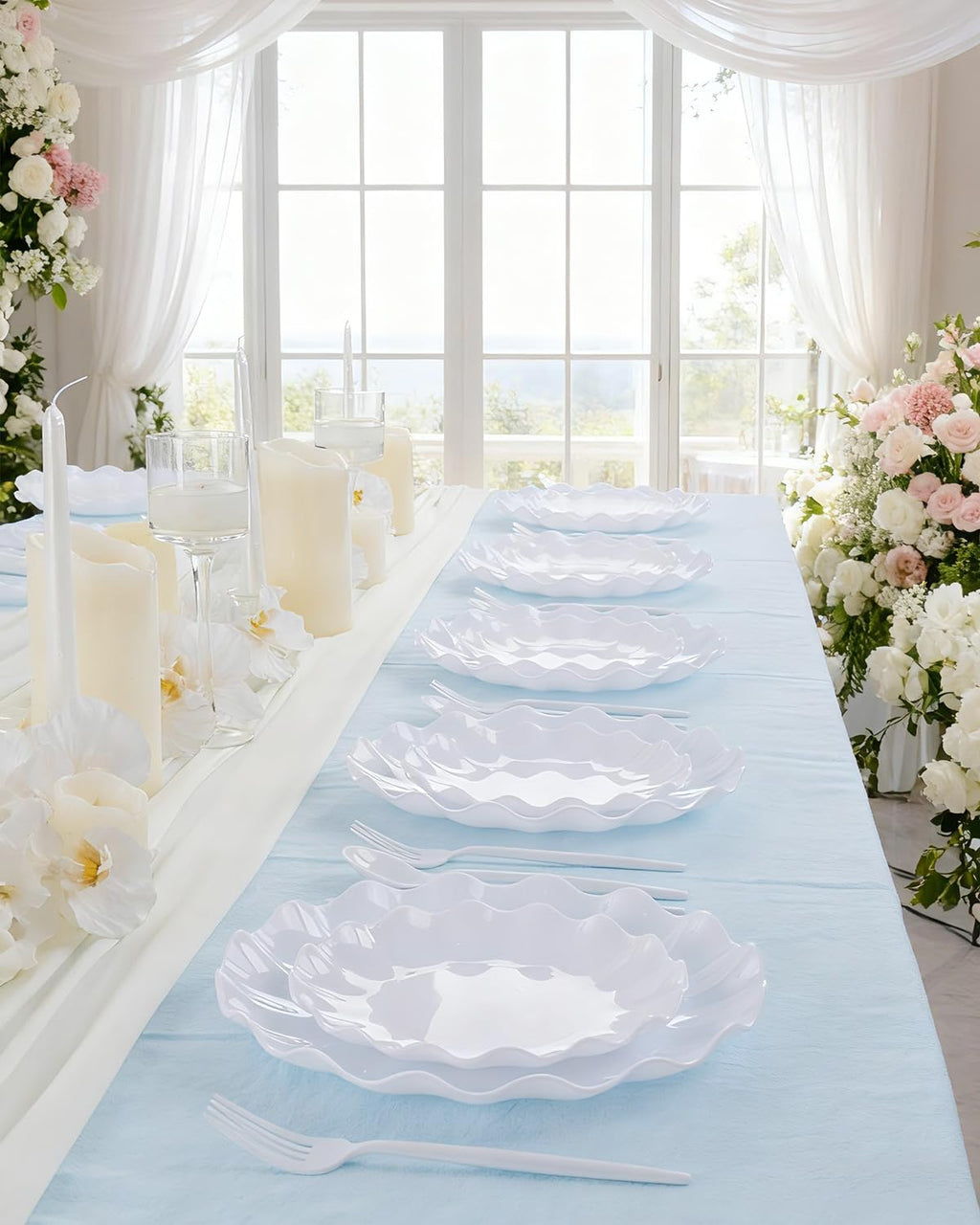 LIYH White Plastic Plates, 20 Pieces, Reusable, Unbreakable, Scalloped, Microwave & Dishwasher Safe 10 Inch
