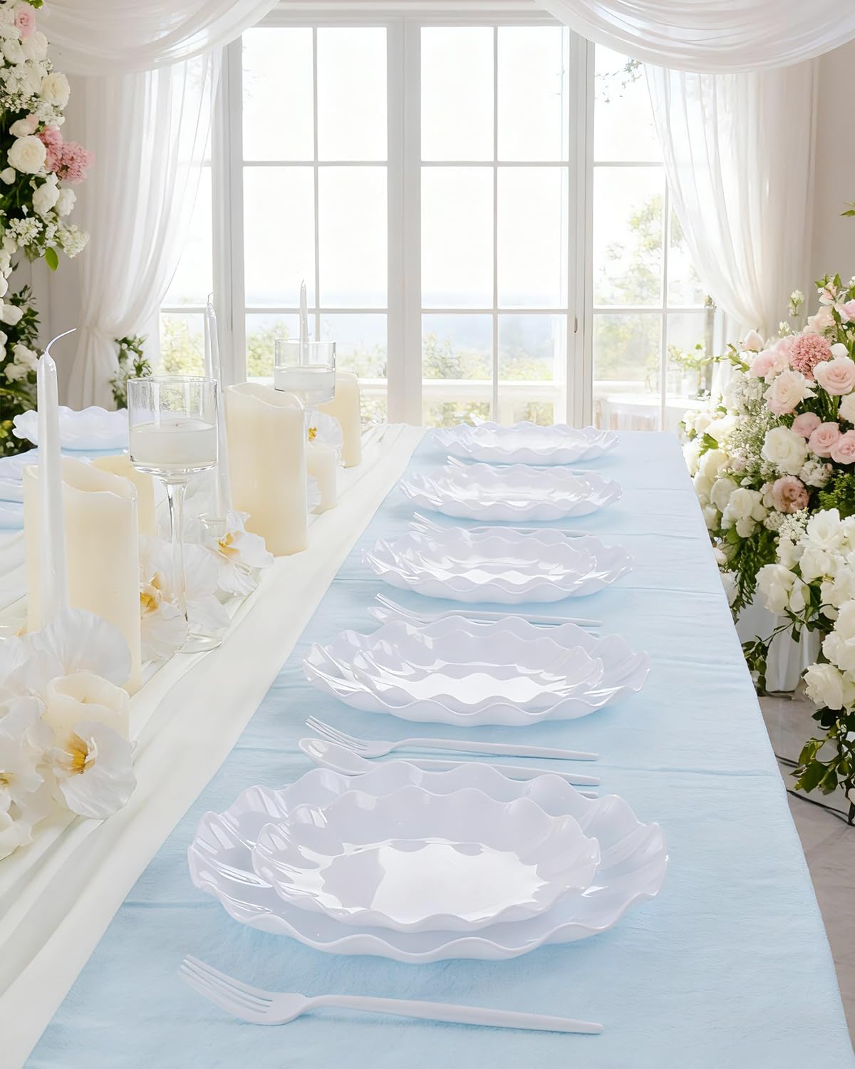 LIYH White Plastic Plates, 20 Pieces, Reusable, Unbreakable, Scalloped, Microwave & Dishwasher Safe 10 Inch