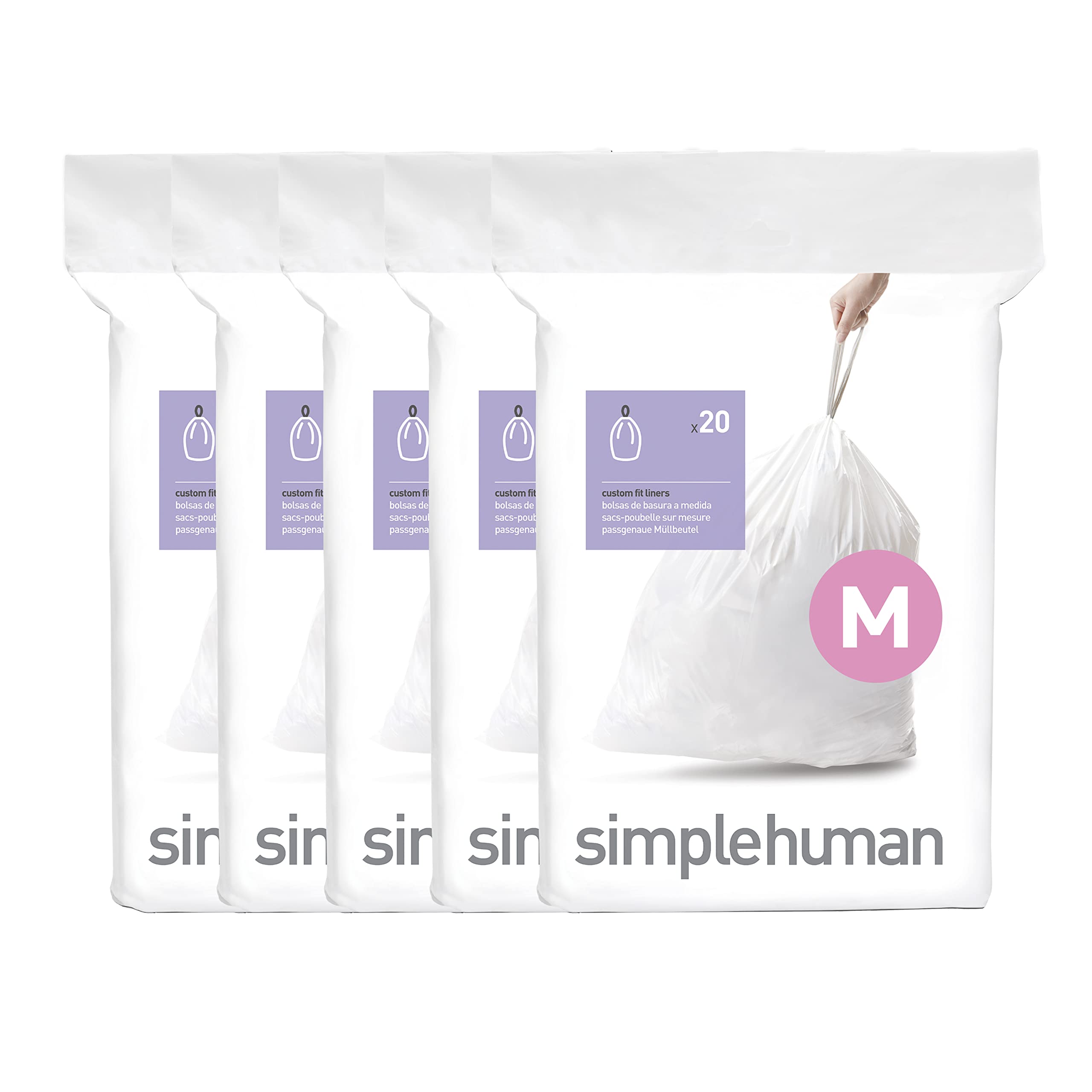 simplehuman Code M 100 Count, Dispenser Pack Custom Fit Liners, Drawstring Trash Bags, 45L / 11.9 Gallons, White