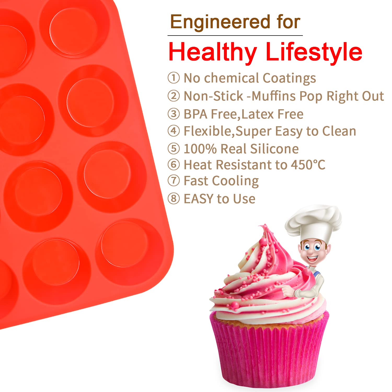 Bongpuda Silicone Muffin Pan,2 Pack 2.8" 12 Cups Silicone Egg Bites Pan,Non-Stick,Easy to Release,BPA Free,for Egg Muffins,Cupcakes, Tarts, Breads (Black + Red)