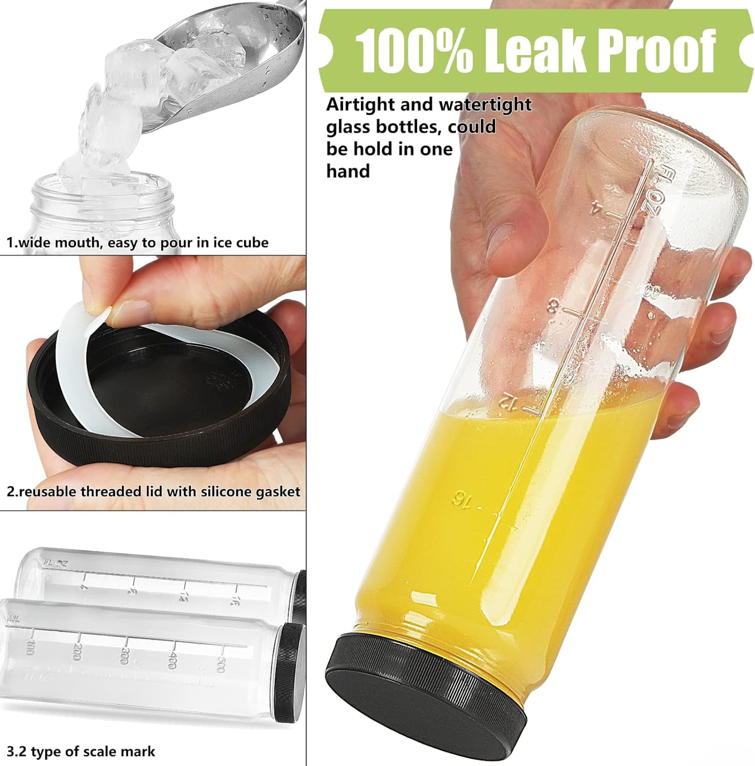 20 Oz 8 Pack Glass Juicing Bottles w Airtight Lids - Reusable Drinking Jars w Scale, Travel Water Cups - Glass Juice Bottle with Lid for Boba, Smoothie, Vanilla Extract