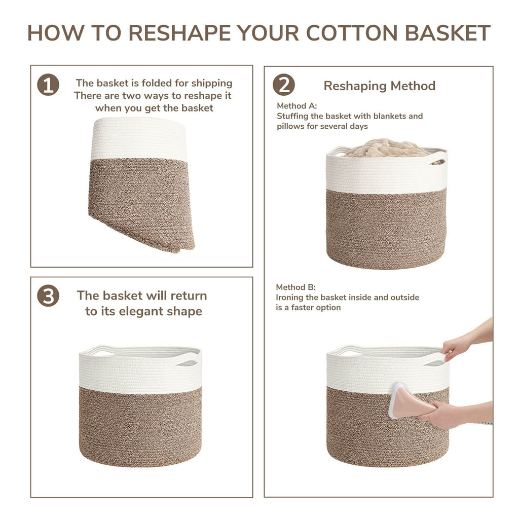 INDRESSME Large Cotton Rope Storage Basket - Woven Blanket Basket in Living Room Pillows Storage Bins with Handles for Toys Plant Basket Home Decor Warm Mix Brown White, 15.8"x15.8"x13.8"