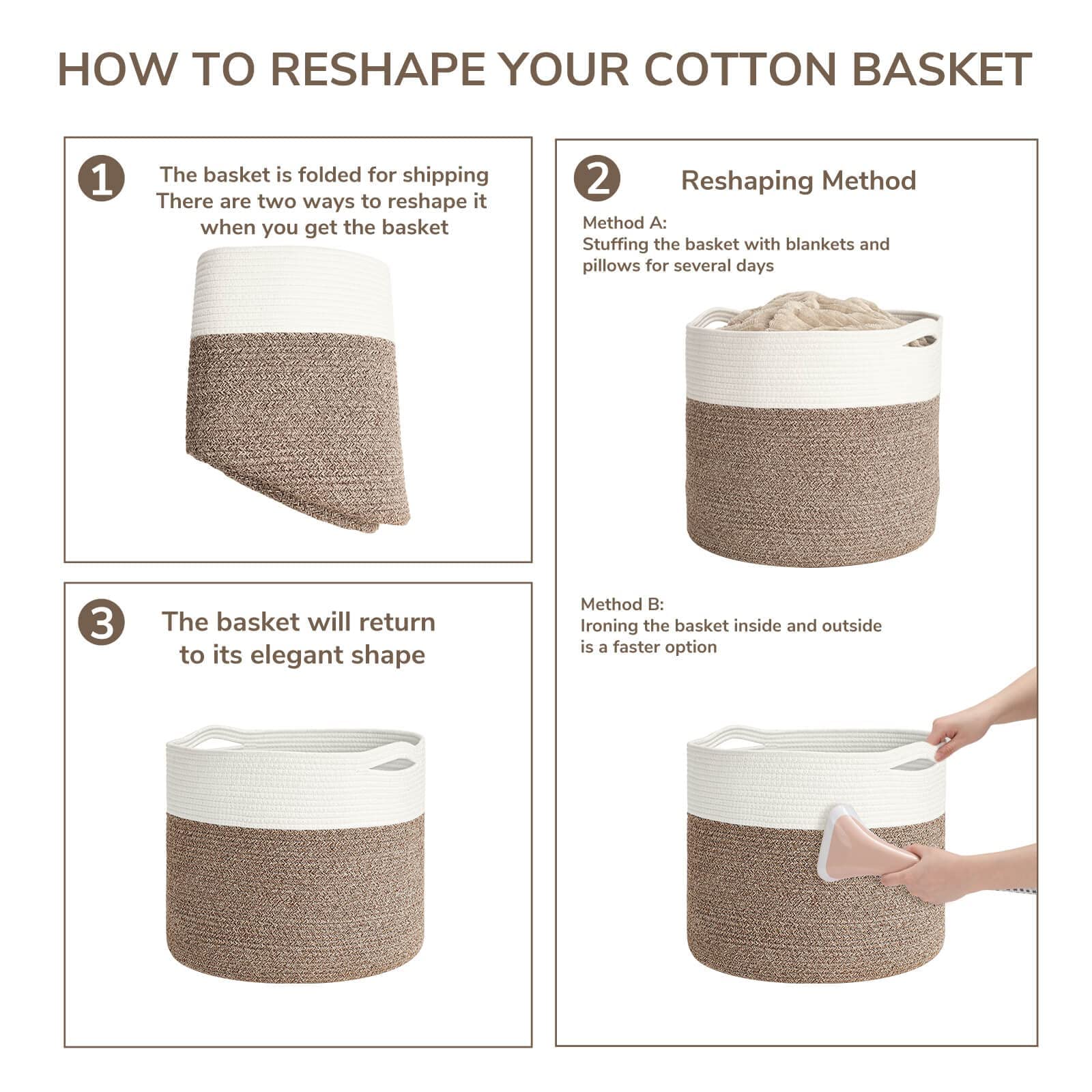 INDRESSME Large Cotton Rope Storage Basket - Woven Blanket Basket in Living Room Pillows Storage Bins with Handles for Toys Plant Basket Home Decor Warm Mix Brown White, 15.8"x15.8"x13.8"