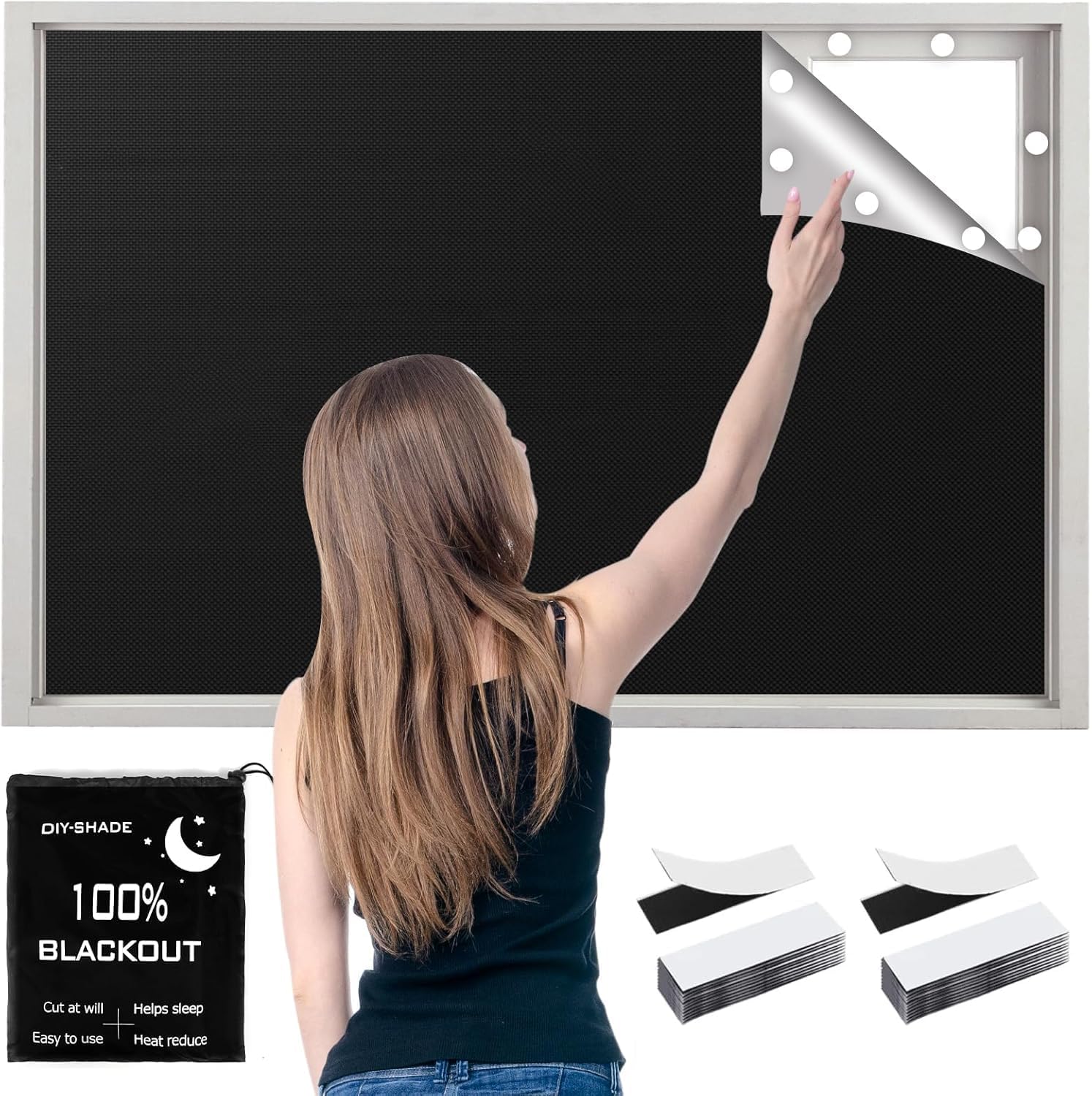 420D Blackout Curtains for Bedroom, 400x145 cm Portable Blackout Blinds with 30 Hook and Loop for 100% Black-Out Window Film, Temporary Black Out Shades for Windows Cover Travel