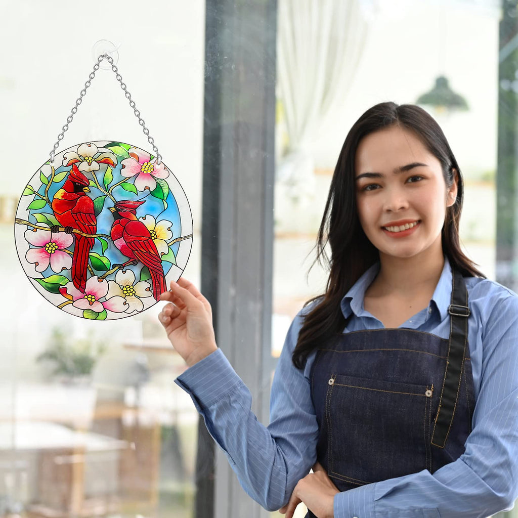 Cardinal Stained Glass Window Hanging - Cardinal Gifts for Women, Red Birds Suncatchers for Windows, American Glass Hanging Ornament, Hand Painted Glass for Birds Lover, Window
