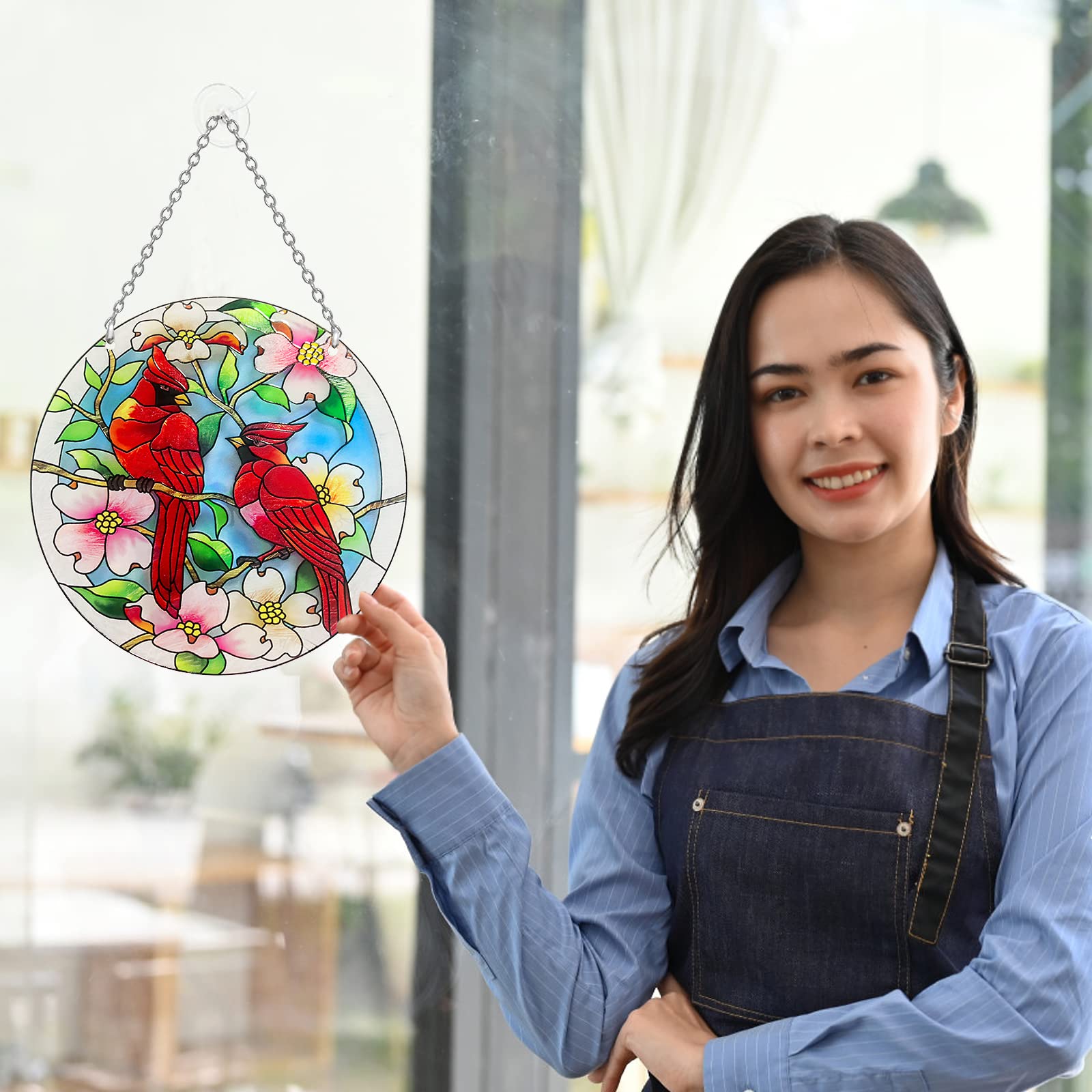 Cardinal Stained Glass Window Hanging - Cardinal Gifts for Women, Red Birds Suncatchers for Windows, American Glass Hanging Ornament, Hand Painted Glass for Birds Lover, Window