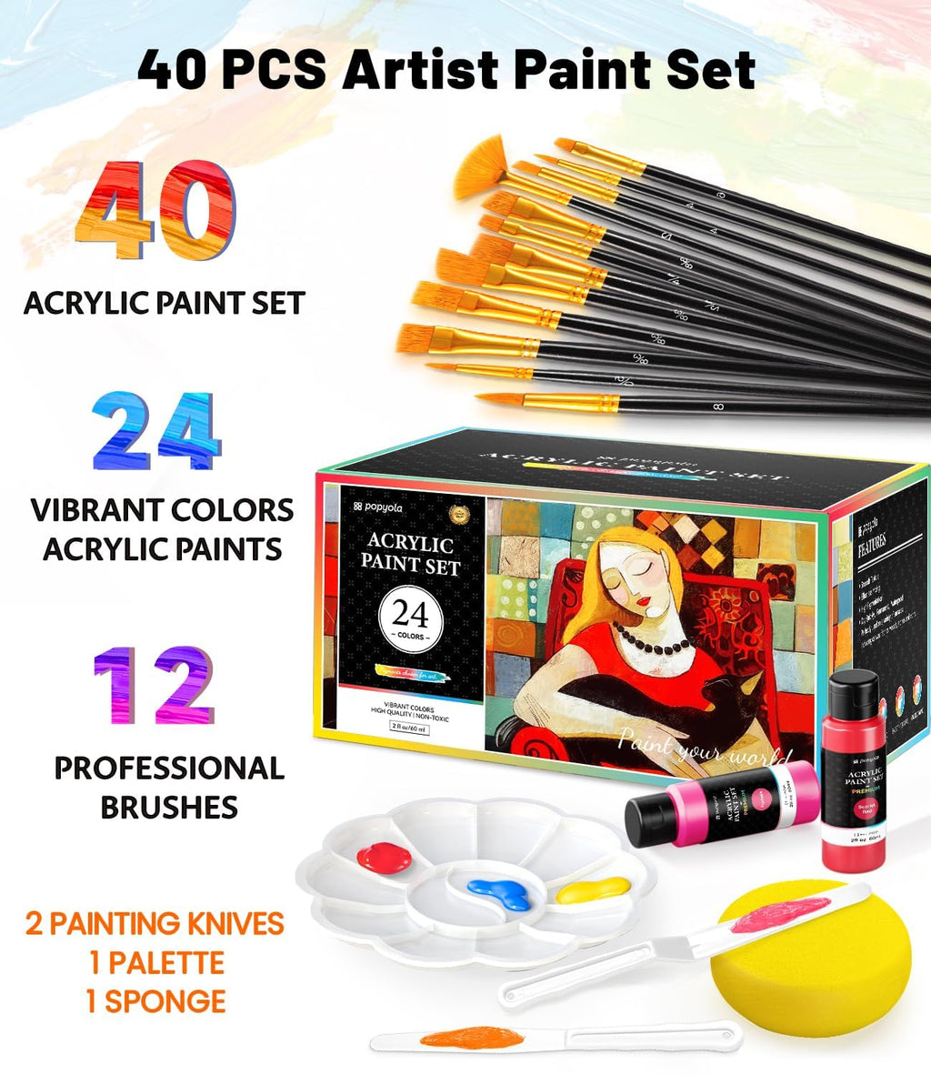 40 PCS Acrylic Paint Set with 12 Brushes, 2 Knives, Palette & Sponge, 24 Colors (2oz/60ml) Art Craft Paint for Beginners Professionals Hobbyists on Halloween Pumpkin Canvas Ceramic Rock