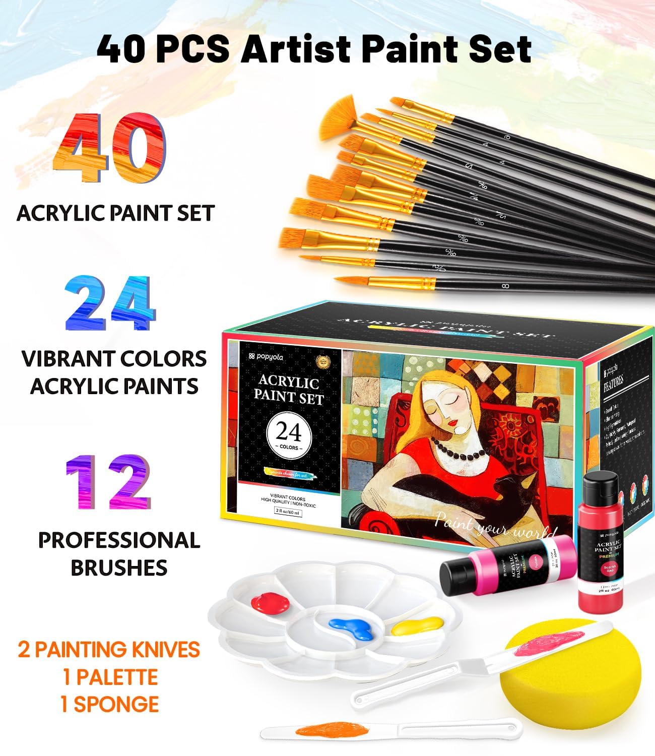 40 PCS Acrylic Paint Set with 12 Brushes, 2 Knives, Palette & Sponge, 24 Colors (2oz/60ml) Art Craft Paint for Beginners Professionals Hobbyists on Halloween Pumpkin Canvas Ceramic Rock