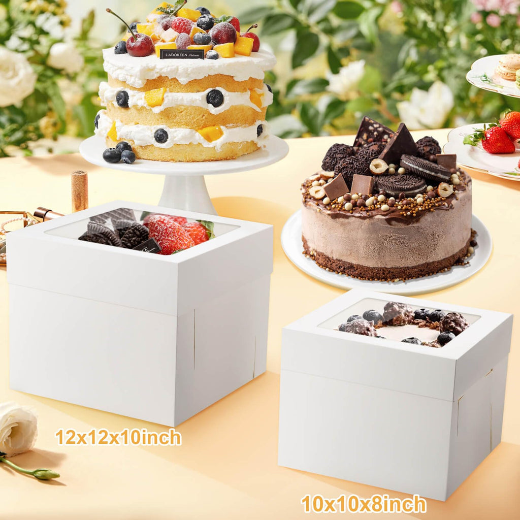10 Pcs 12x12x10 10x10x8 Cake Boxes Set (5 Boxes & 5 Boards) with Windows Large in 2 Sizes Tall Bakery Boxes Disposable Carrier Take Out Container, Boxes in 2 Tier for Valentine's Day