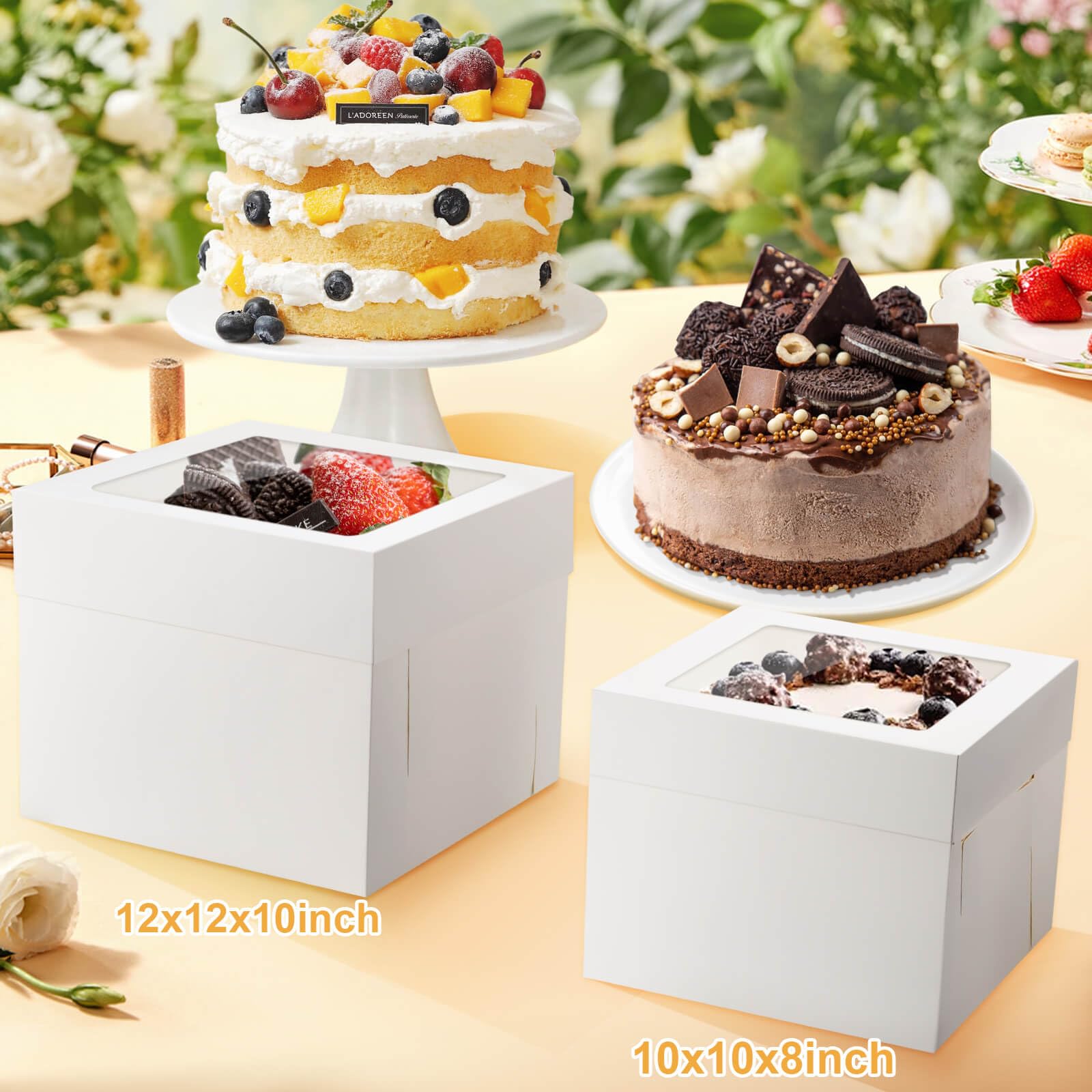 10 Pcs 12x12x10 10x10x8 Cake Boxes Set (5 Boxes & 5 Boards) with Windows Large in 2 Sizes Tall Bakery Boxes Disposable Carrier Take Out Container, Boxes in 2 Tier for Valentine's Day