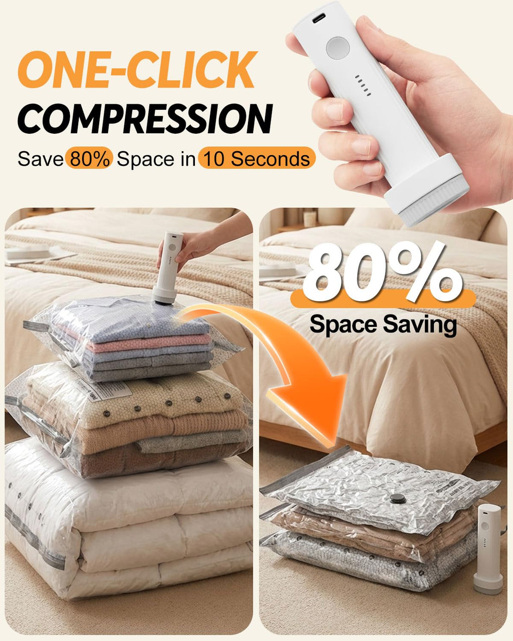 Travel Vacuum Bags with Cordless Pump, Vacuum Bags for Travel, Vacuum Sealer Bags for Clothes, Space Saver Vacuum Storage Bags for Luggage, Reusable Vacuum Packing Bags for Clothing & Bedding, 15 Pack