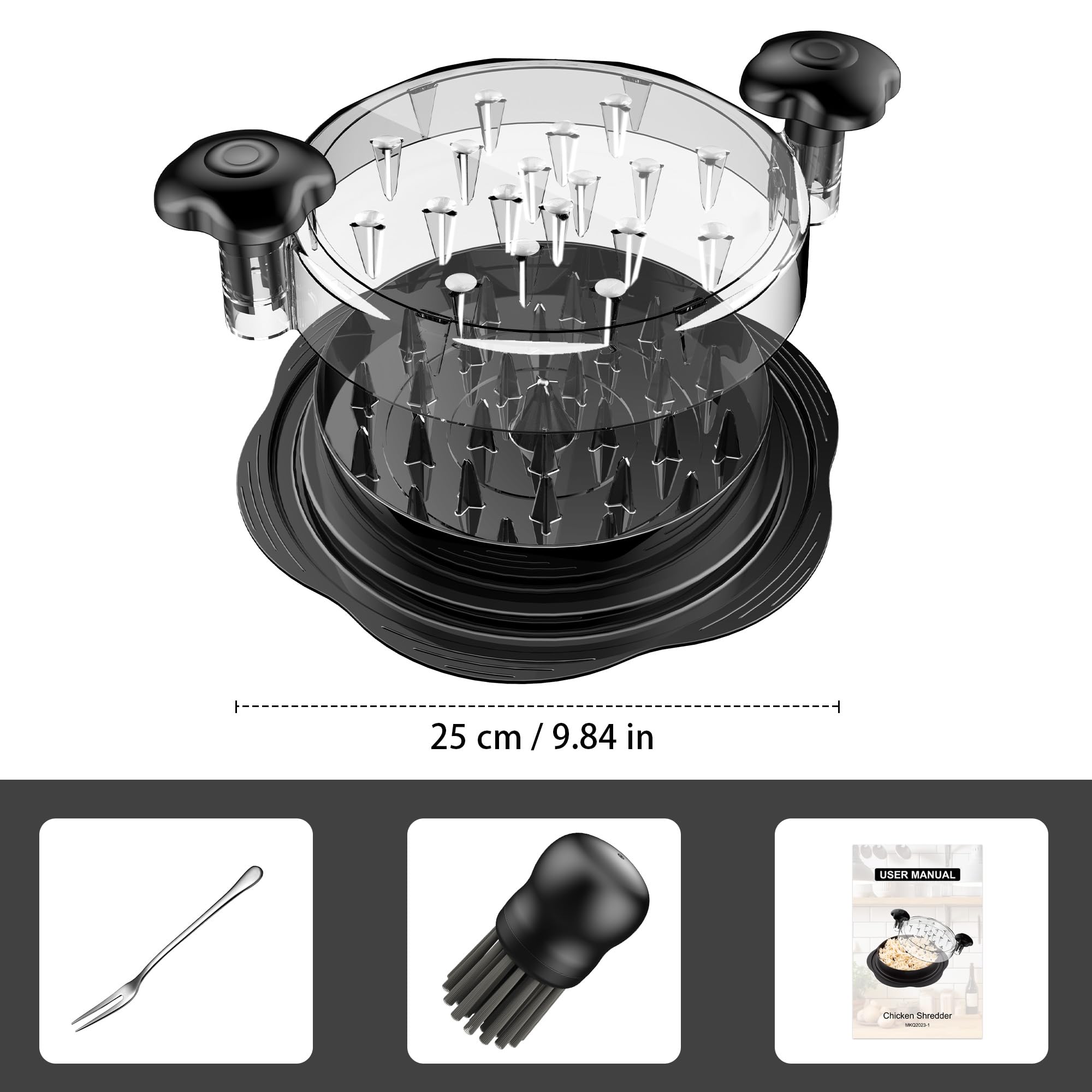 Chicken Shredder Tool Twist Large Chicken Breast Shredder with Brush&Fork, Visible Meat Shredder Machine, Strong Anti-Slip Strip, Ergonomic Handle, BPA Free, Suitable for Pork Beef Chicken (Black)