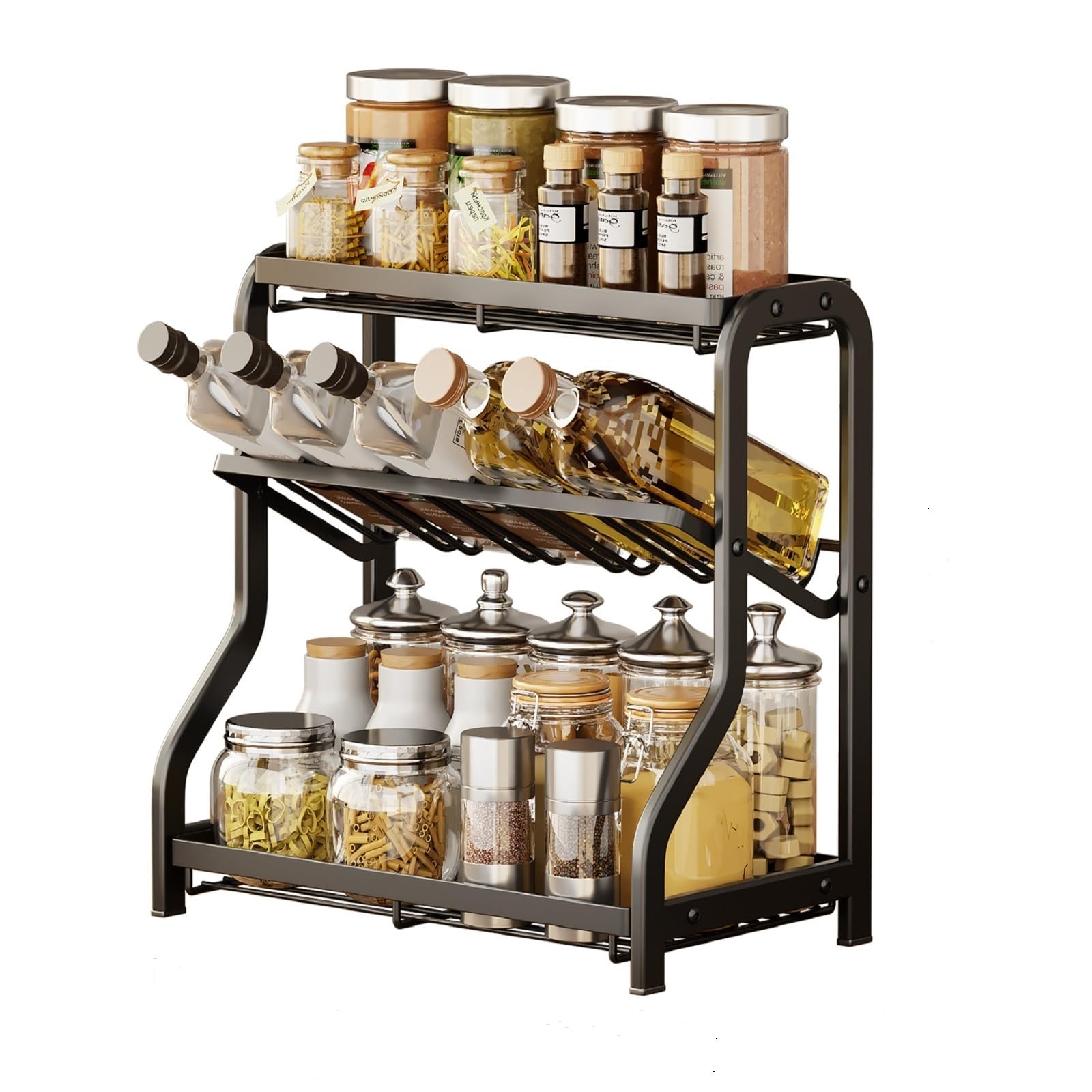 DadaoEC 3 Tier Countertop Organizer For Kitchen Black Steels Cooking oil bottle and Spice Seasoning Sauce storage rack Metal counter shelf for Cupboard