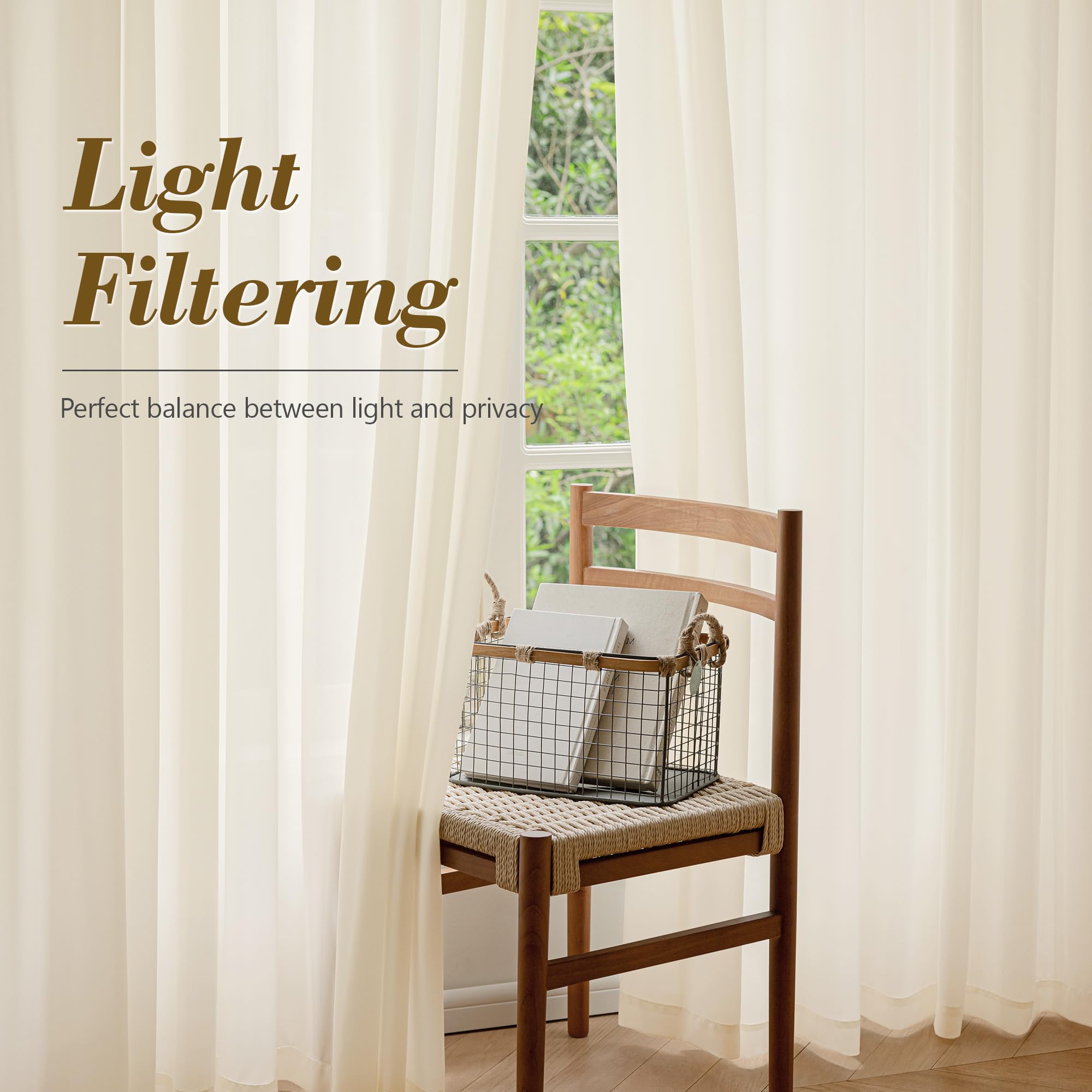 FMFUNCTEX Sheer Non-See-Through Butter Cream Curtains for Bedroom, Faux Silk That Let Light Curtains 84 inches Long Light Filtering Privacy Sheer Window Drapes for Living Room, Rod Pocket 2 Panels Set