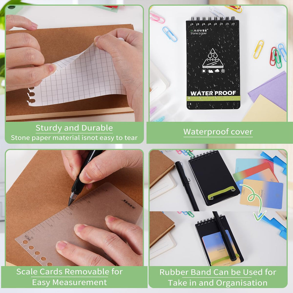 MOWEE Waterproof Notebook set of 5，3 x 5 Stone Paper Pocket Notepads，Portable All Weather Notebooks for Indoor & Field Police Notepad w/3pcs Small Spiral Note book, Pen & Storage Bag (5pcs, Black)