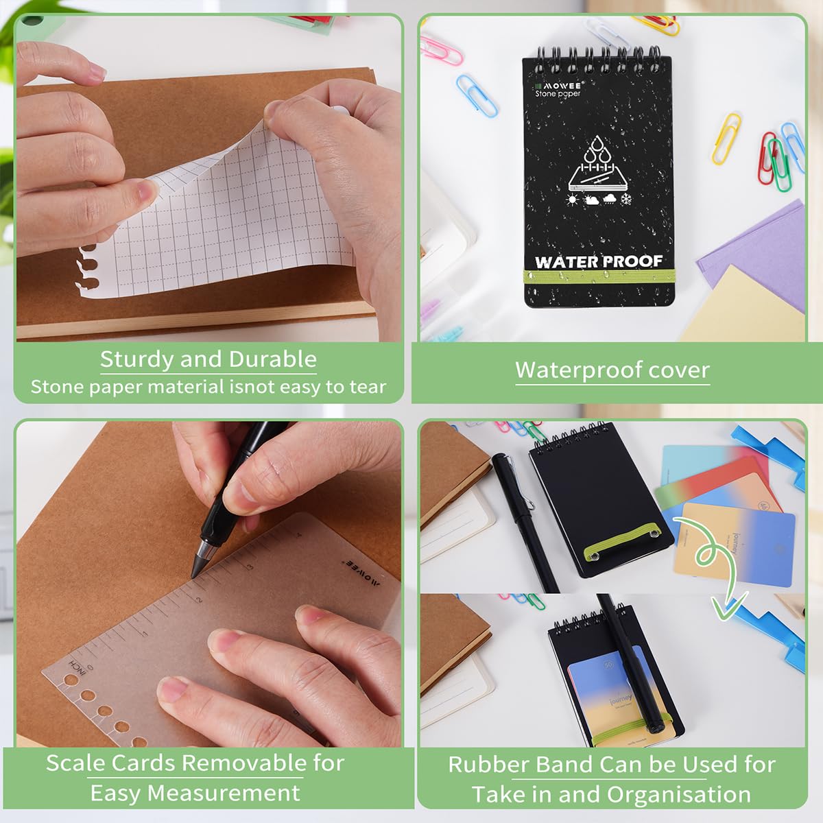 MOWEE Waterproof Notebook set of 5，3 x 5 Stone Paper Pocket Notepads，Portable All Weather Notebooks for Indoor & Field Police Notepad w/3pcs Small Spiral Note book, Pen & Storage Bag (5pcs, Black)