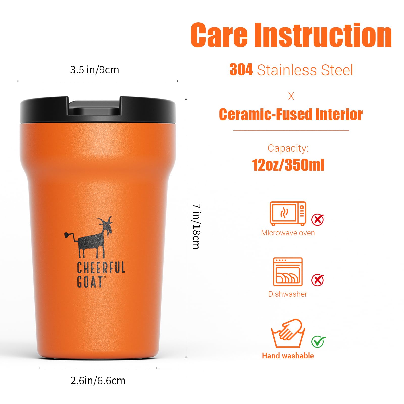 CHEERFUL GOAT Ceramic Lined Coffee Travel Mug – Stainless Steel Travel Coffee Tumbler with Ceramic Liner, with lid, 12oz Coffee Cup for Hot and Cold Water Coffee at Home, Office, or On the Go (Orange)