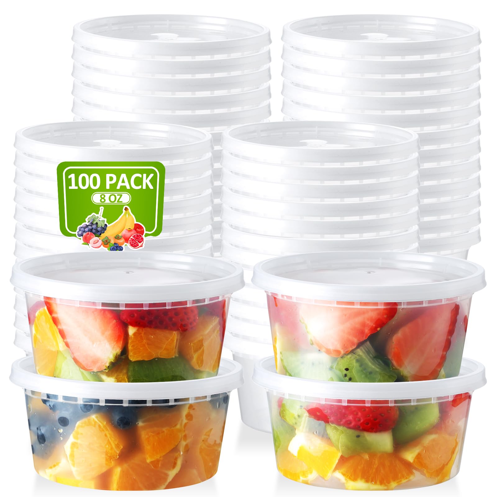 NEEBAKE 100 Set 8oz Deli-Containers-with-Lids-Airtight-Food-Storage-Containers-Plastic-Storage-Containers-with-Lids-Soup-Slime-Overnight-Oat-To-Go-Containers, Microwaveable & Freezer Safe