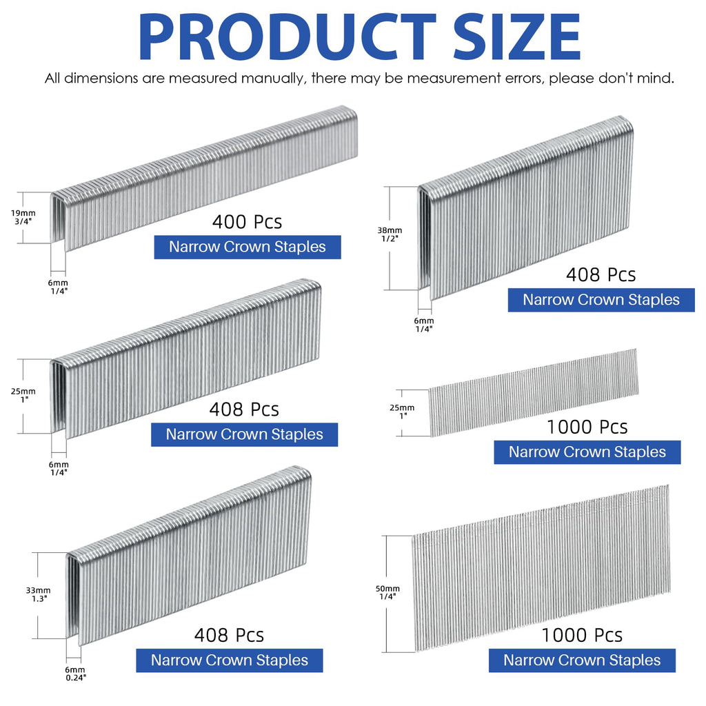 Glarks 3624Pcs 18 Gauge Narrow Crown Staples, 4 Sizes Galvanized Crown Narrow Staples Assortment Kit and 1", 2" Brad Nails for Electric Stapler, Pneumatic, DIY Home Improvement (Silver)