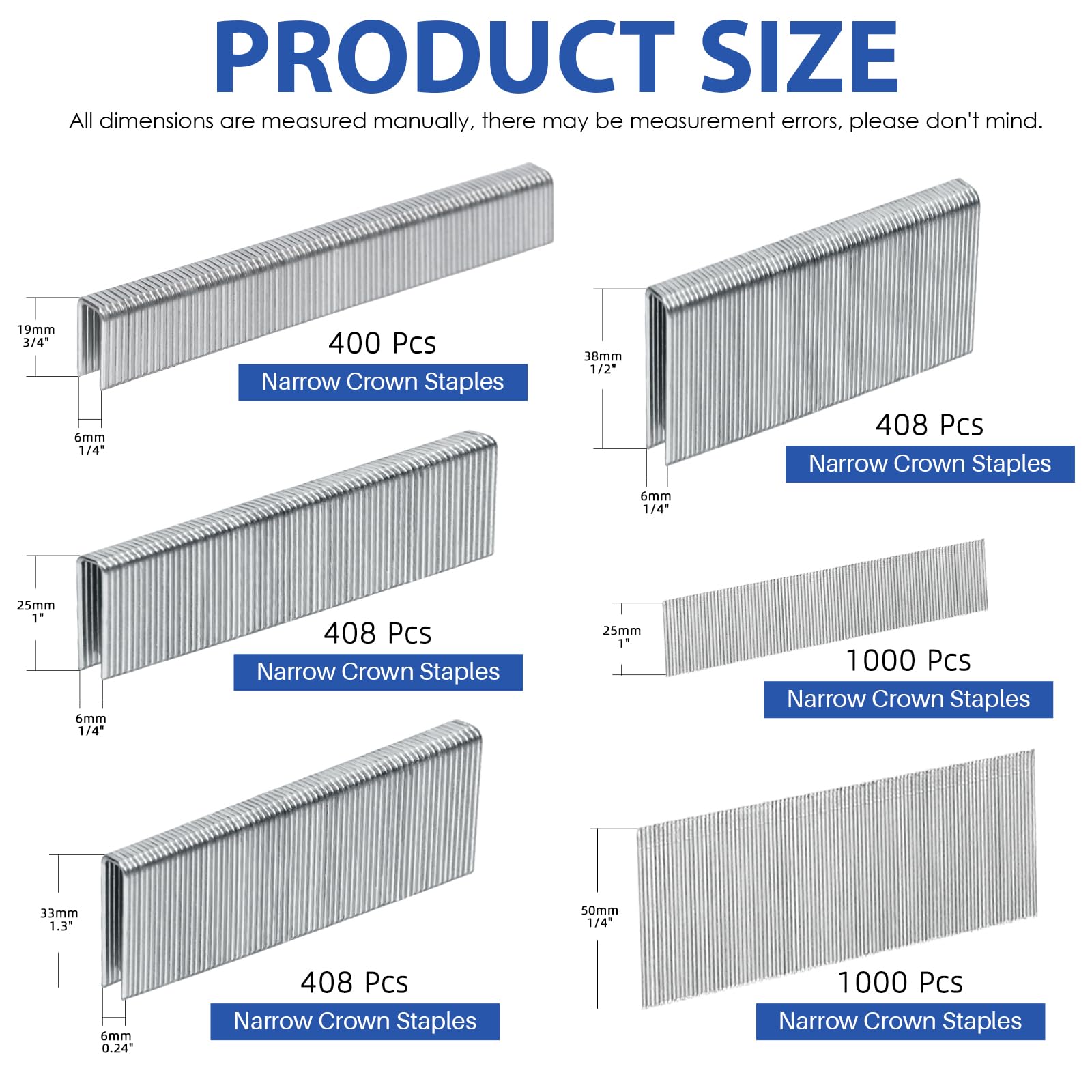 Glarks 3624Pcs 18 Gauge Narrow Crown Staples, 4 Sizes Galvanized Crown Narrow Staples Assortment Kit and 1", 2" Brad Nails for Electric Stapler, Pneumatic, DIY Home Improvement (Silver)