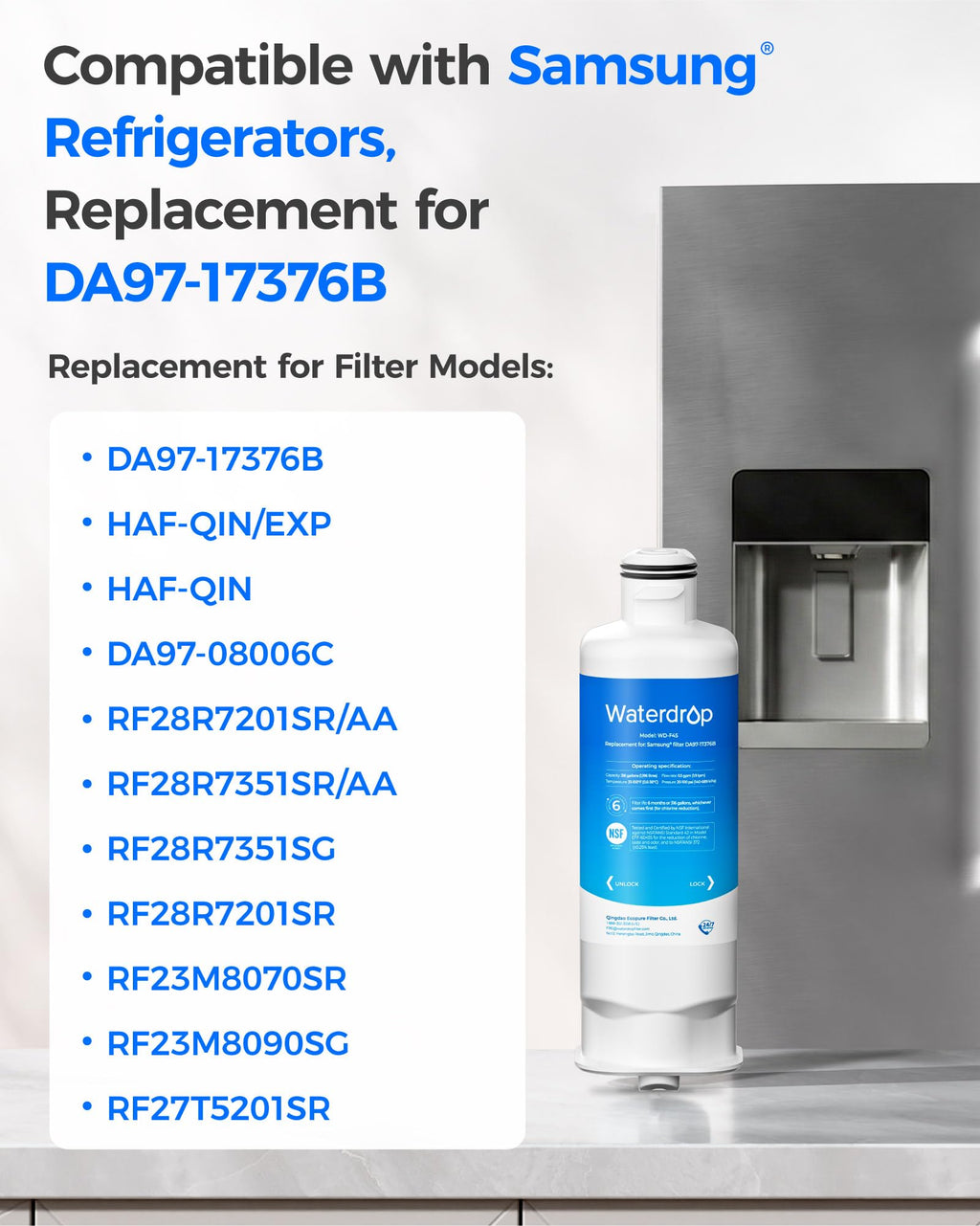 Waterdrop DA97-17376B Replacement for Samsung® HAF-Qin/EXP, DA97-08006C, RF28R7201SR, RF28R7351SG, WD-F45, Refrigerator Water Filter, 3 Filters