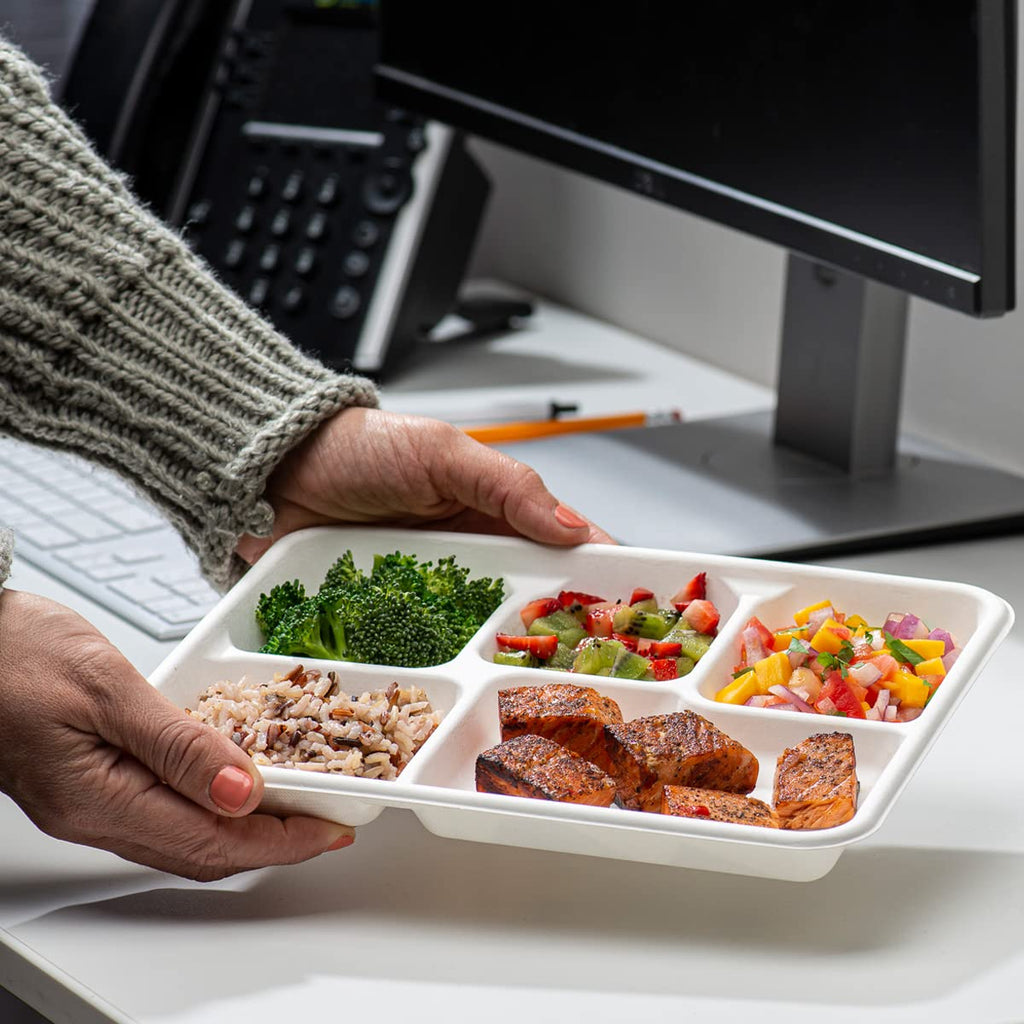 Gusto [10 Inch - 125 Pack] Heavy-Duty Plates, 5 Compartment Disposable Sugarcane Paper Party Plates - Formerly Comfy Package