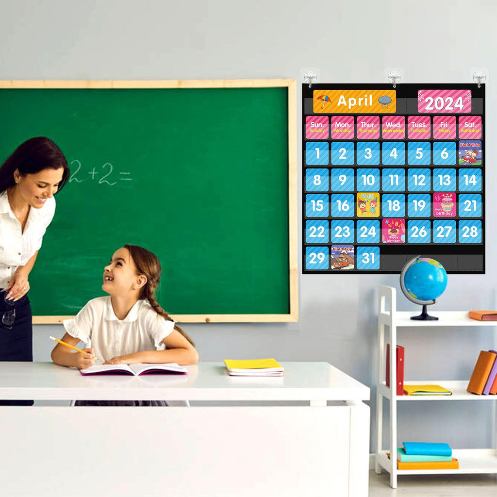 REGELETO Large 44 Pockets Calendar Pocket Chart for Classroom with 85 Cards, Monthly Calendar and Weather Black Pocket Chart for Students Learning and Homeschool (25” X 24”)