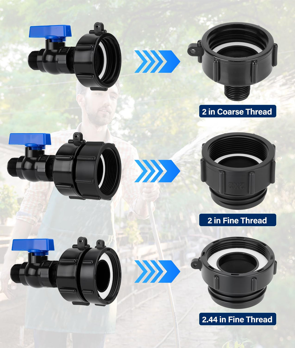 WADEO 330 275 Gallon IBC Tote Fittings, 3 Sizes IBC Tote Hose Adapter, 2.44" Fine, 2" Fine and 2" Coarse Thread, 3/4" Garden Hose Quick Connector