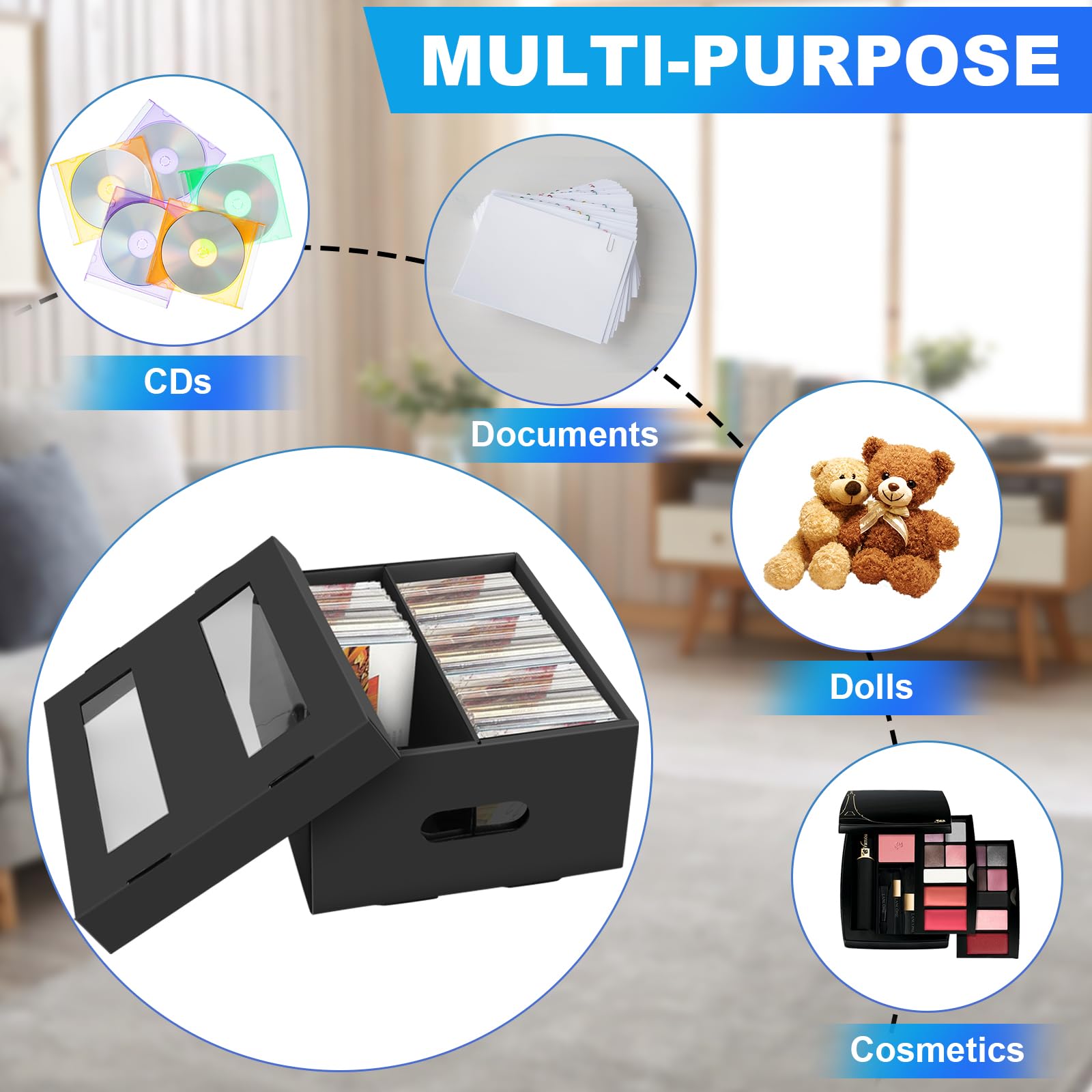 AOPULE CD Storage Boxes, 3 Pack 2 Compartment CD Case Storage, Cardboard DVD Case Holder with PVC Clear Lid, Each Holds 60 CDs in Full Jewel Cases,120 CDs in Slim Cases, 330 Discs in Sleeves