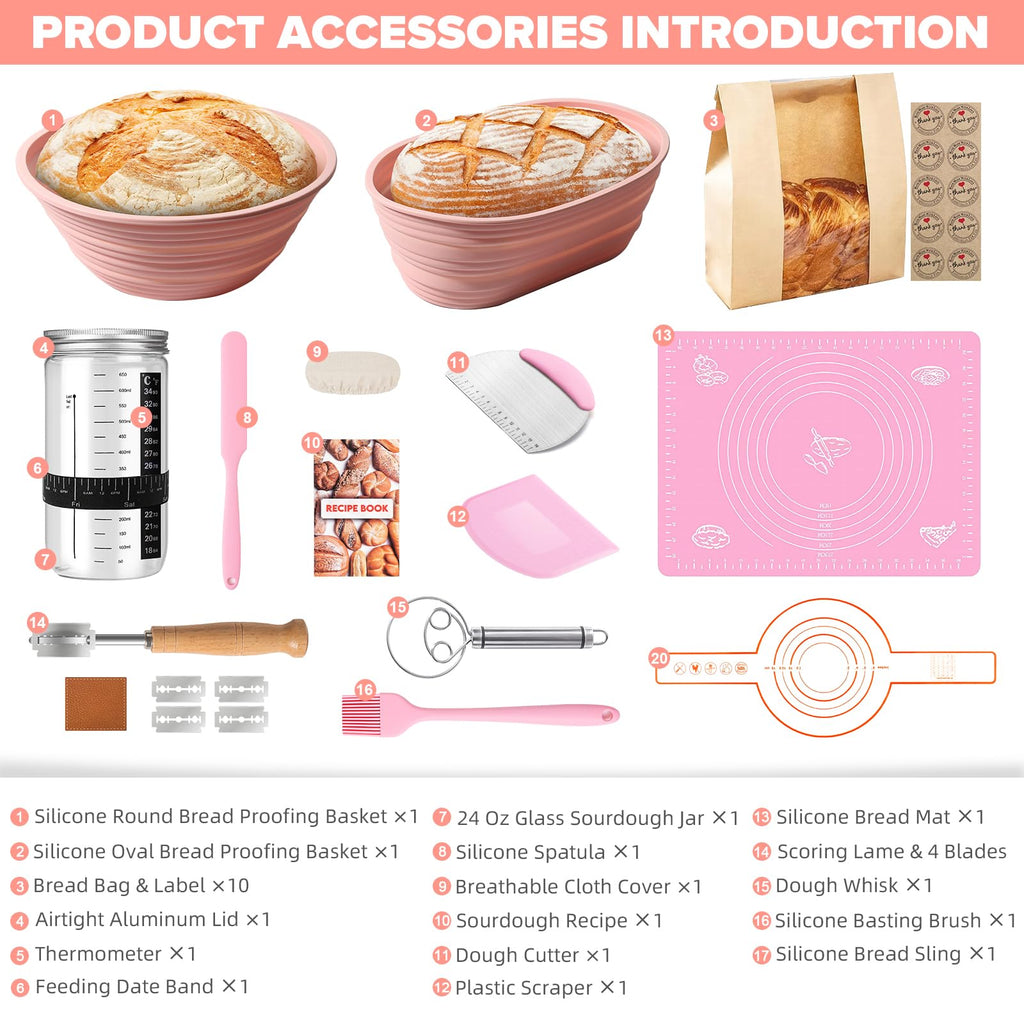 RYTOXILO Sourdough Bread Starter Kit, 15 Pcs Sour Dough Bread Baking Supplies for Beginners with 24 Oz Glass Starter Jar, Complete Bread Making Set with Silicone Banneton Proofing Basket