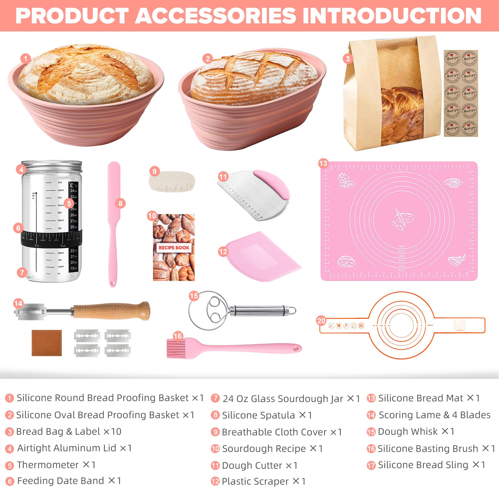 RYTOXILO Sourdough Bread Starter Kit, 15 Pcs Sour Dough Bread Baking Supplies for Beginners with 24 Oz Glass Starter Jar, Complete Bread Making Set with Silicone Banneton Proofing Basket