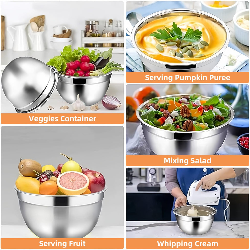 Menbyci 7 Pcs Mixing Bowls with Lids, Stainless Steel Nesting Bowls with 14Pcs Attachments, 3 Graters, Kitchen Utensils, Bowl Set for Kitchen Cooking Baking Prepping Serving