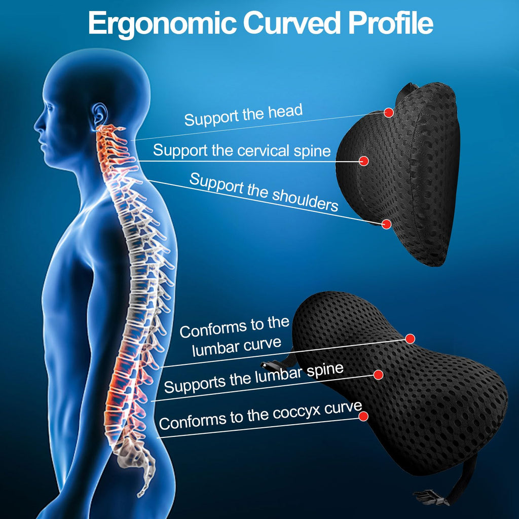 Lumbar Support Pillow, Memory Foam Cushion, Relieves Back Pain, Provides Strong Support, Ergonomic Lumbar Pad for Cars, Airplanes, and Office Chairs (Black)