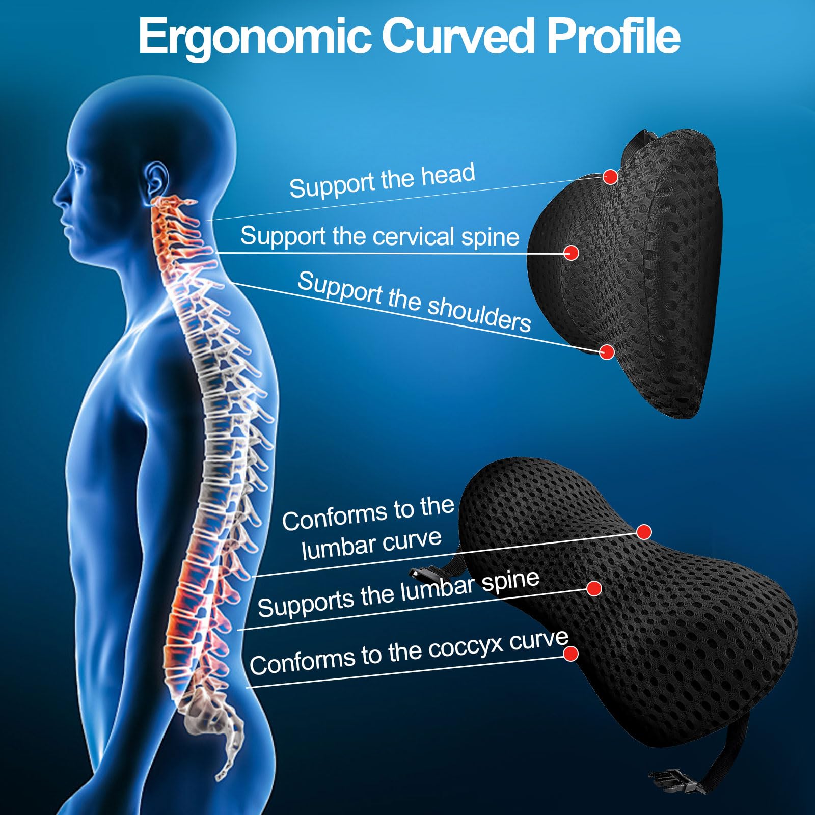Lumbar Support Pillow, Memory Foam Cushion, Relieves Back Pain, Provides Strong Support, Ergonomic Lumbar Pad for Cars, Airplanes, and Office Chairs (Black)