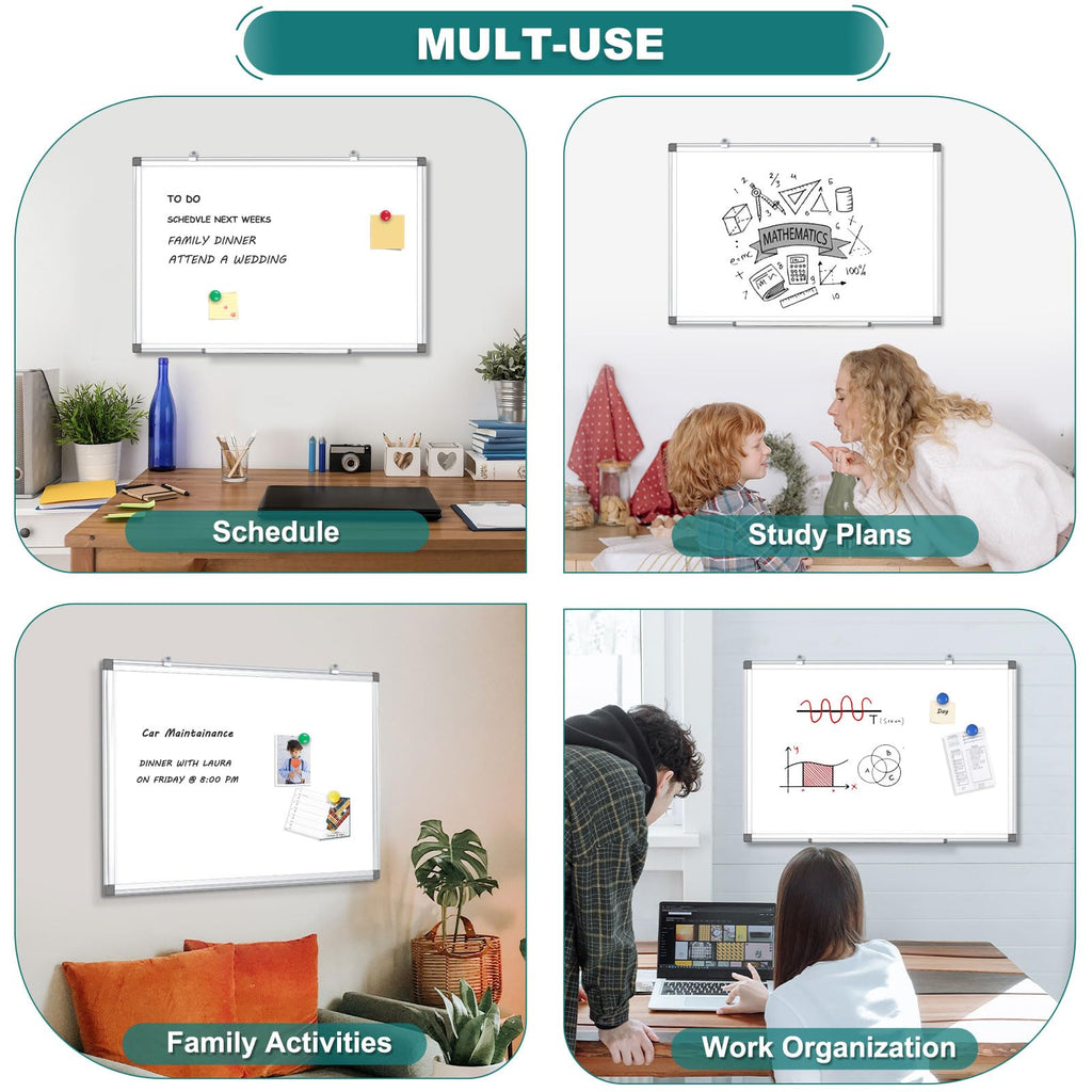 Double-Sided Magnetic Whiteboard for Wall 24 x 18 Inch, Large Dry Erase Board with Silver Aluminum Frame, Horizontal Vertical Hanging with Hole-Free Hooks, Complete 14-Piece Accessory Kit