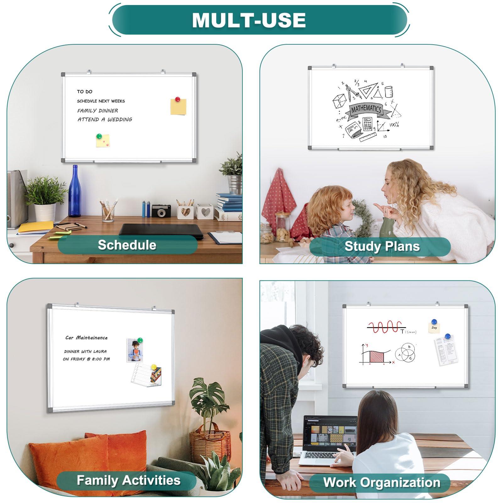 Double-Sided Magnetic Whiteboard for Wall 24 x 18 Inch, Large Dry Erase Board with Silver Aluminum Frame, Horizontal Vertical Hanging with Hole-Free Hooks, Complete 14-Piece Accessory Kit