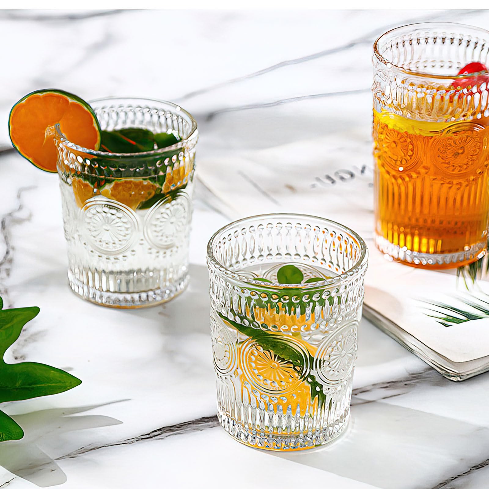 Vintage Drinking Glasses Set of 12, Textured Clear Striped Glass Cups, 10oz Ribbed Glassware Set, Tall Water Glass Tumblers, Mojito Cups, Cocktail Glass, Iced Coffee Cup, Bar Glassware