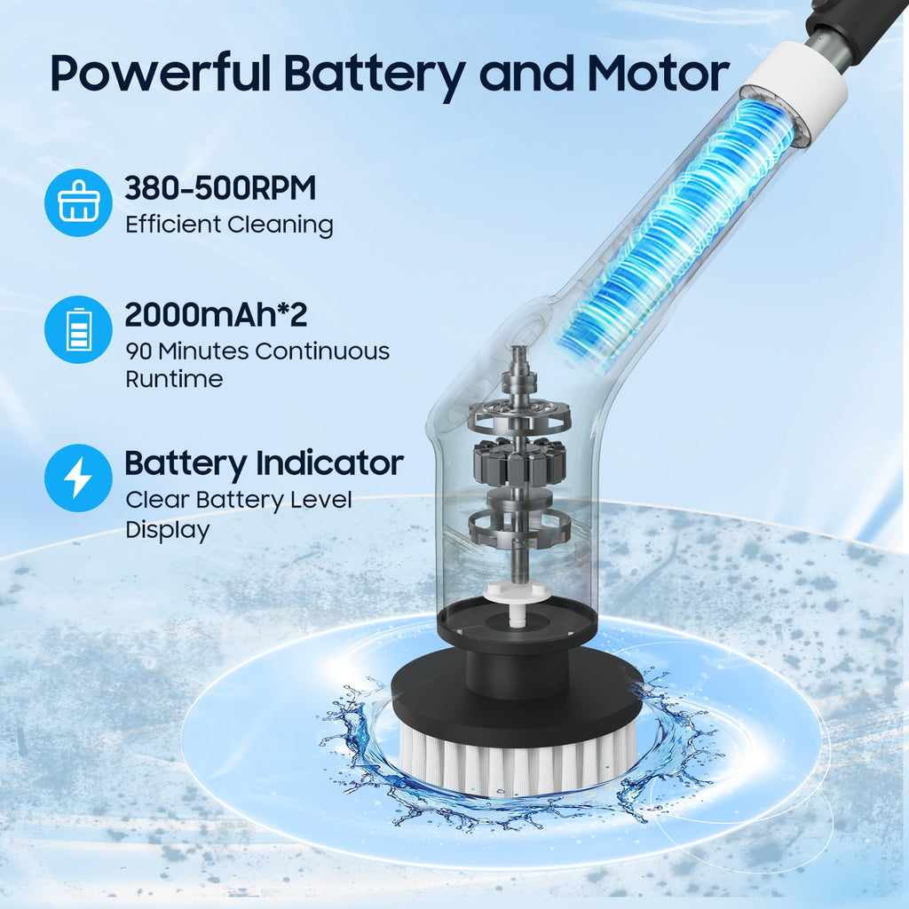 Depcler Electric Spin Scrubber with 4000mAh Battery, 380-500 RPM, 8 Replaceable Brush Heads, Adjustable Handle for Bathroom, Kitchen & Floor Cleaning