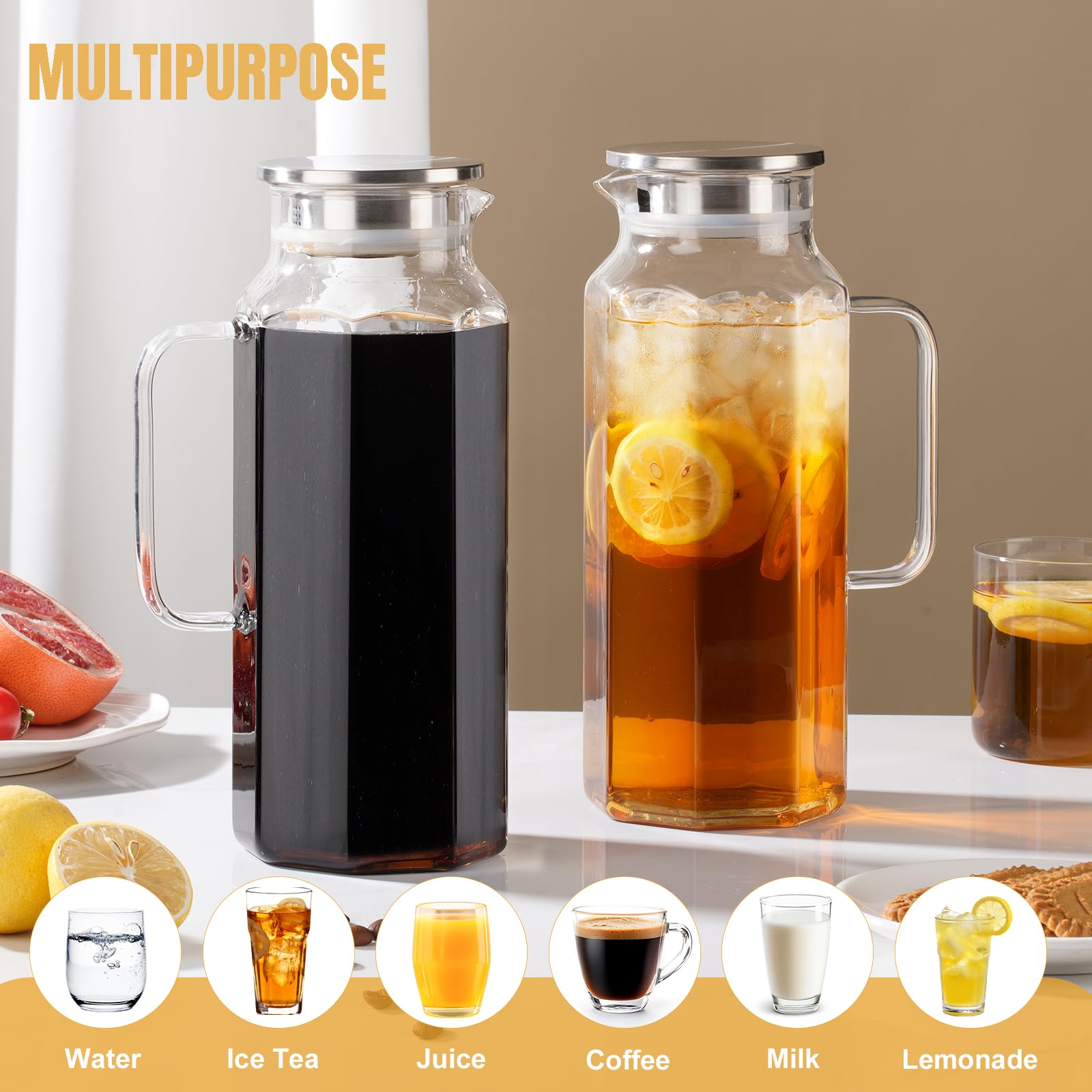 2 Pack 2 Liters/68 oz Octagon Glass Water Pitcher with Lid and Spout, Water Pitchers with Handle for Fridge, Borosilicate Glass Carafe for Hot/Cold Drink, Extra Large Jug for Iced Tea, Coffee.