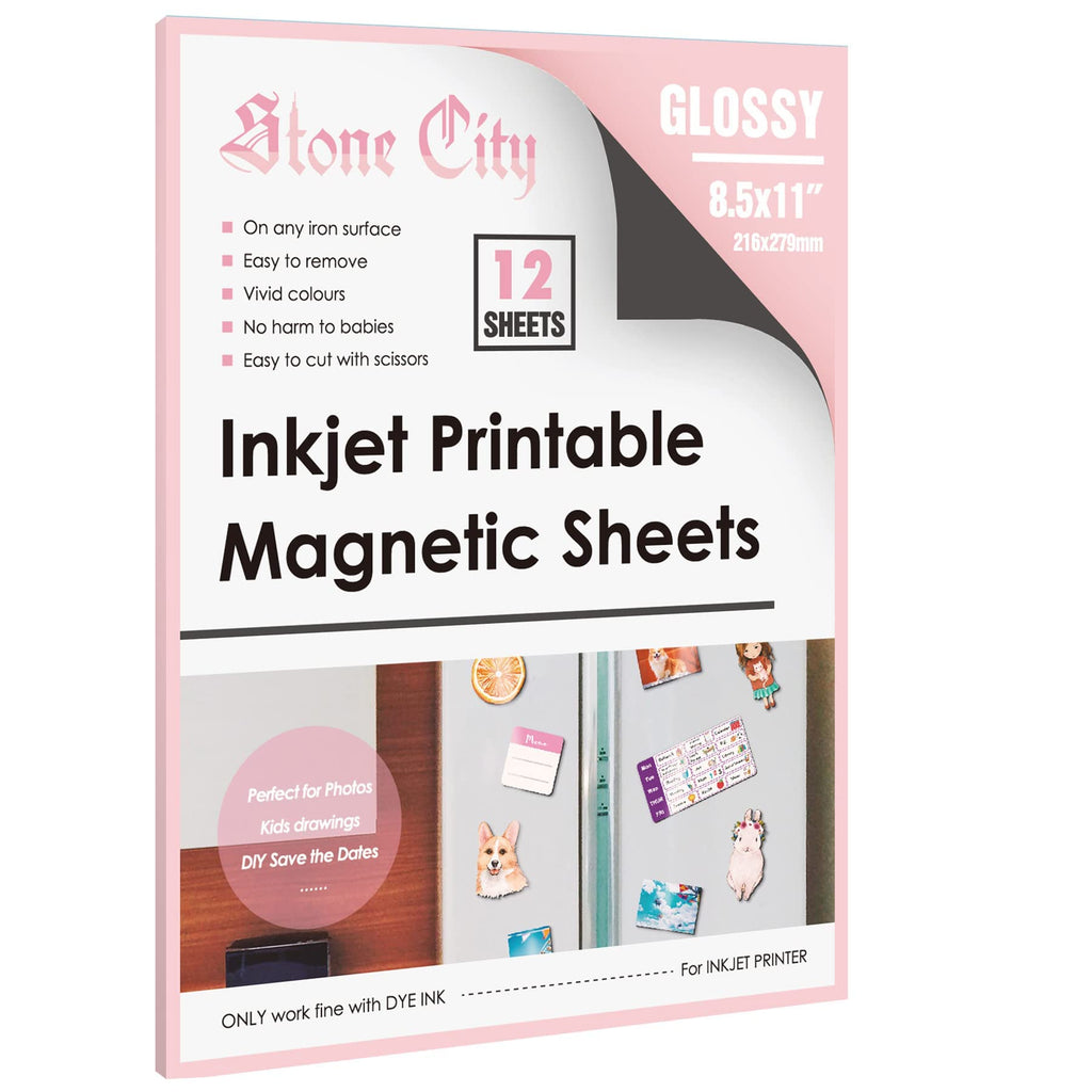 Stone City Printable Magnetic Sheets Make Refrigerator Photo Magnet Glossy Print Paper 12mil Thickness for Inkjet Printers 8.5X 11 Inches 12 Sheets