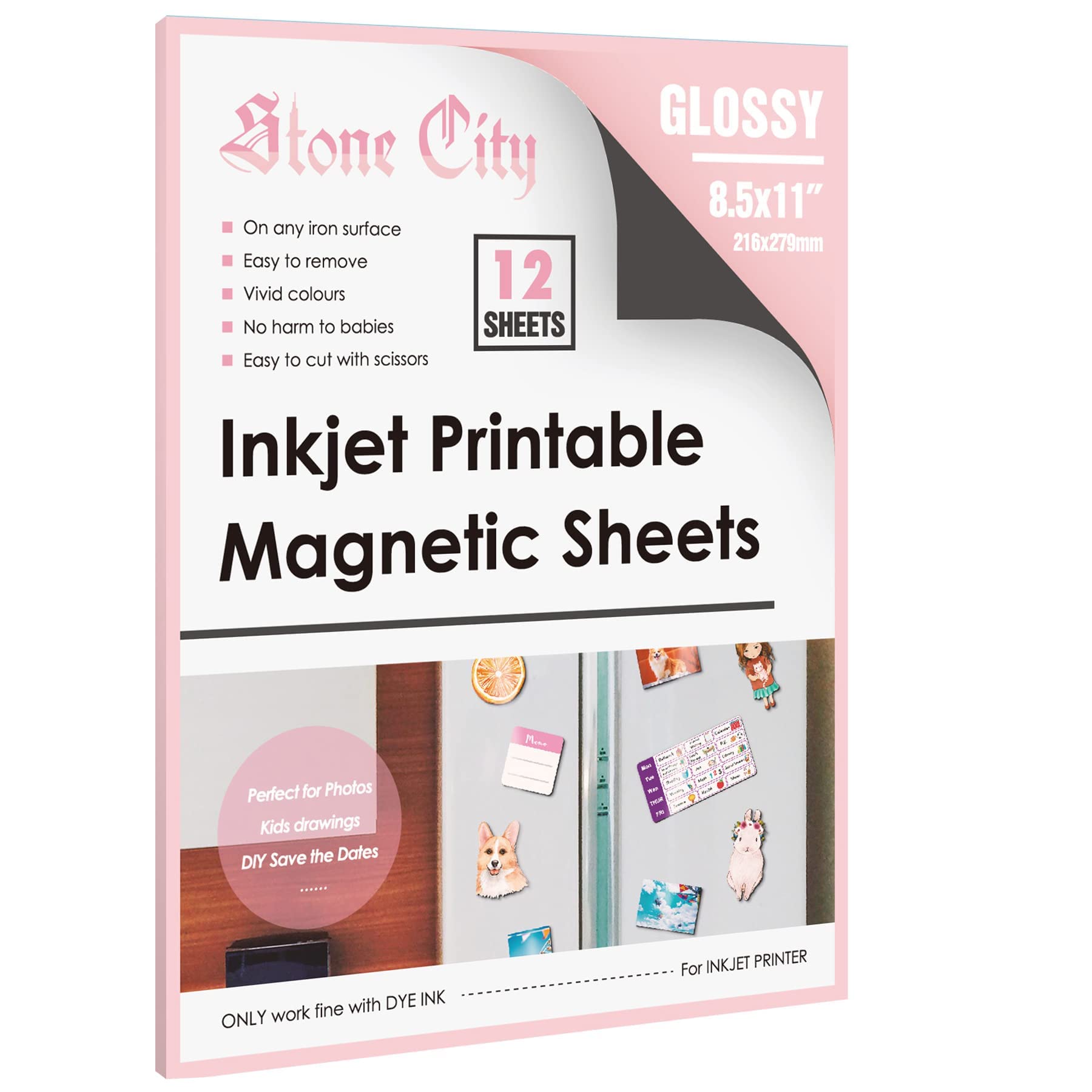 Stone City Printable Magnetic Sheets Make Refrigerator Photo Magnet Glossy Print Paper 12mil Thickness for Inkjet Printers 8.5X 11 Inches 12 Sheets
