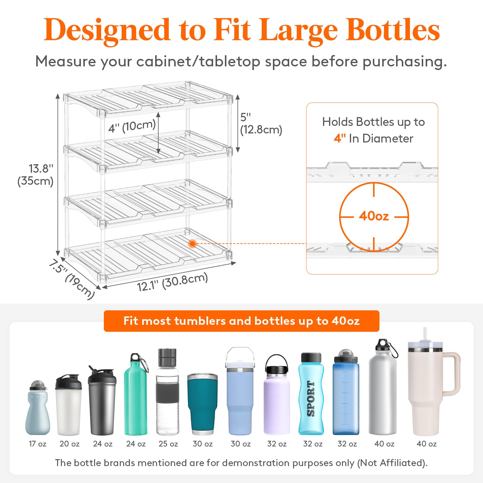 Lifewit Stackable Water Bottle Organizer for Cupboard, Freezer, Pantry, Plastic Bottle Holder for Kitchen Worktop, Cabinet, Desk, 4 Tier for 12 Bottles