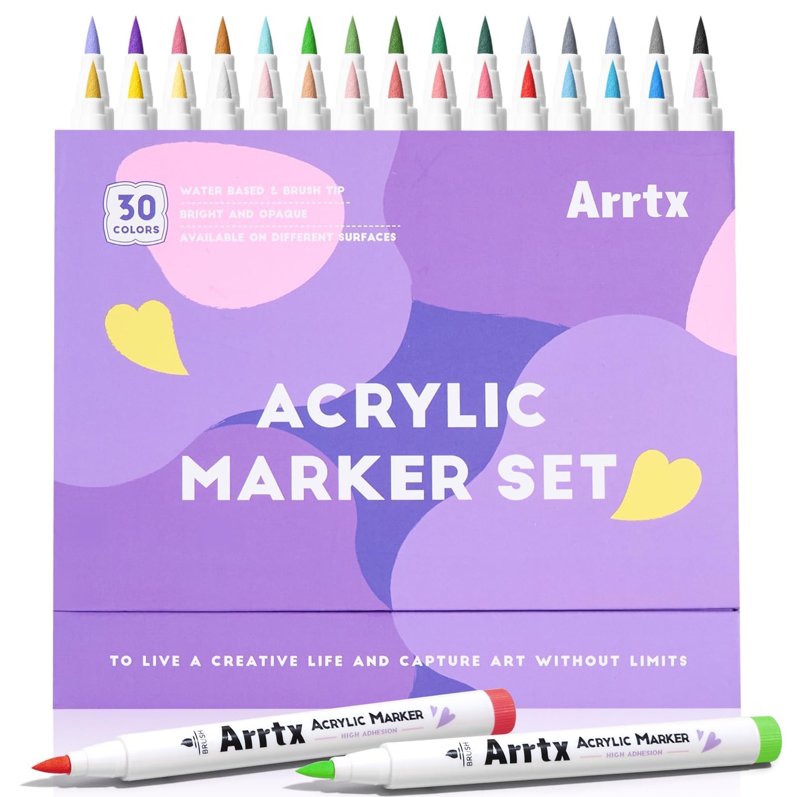Arrtx 30 Colors Acrylic Paint Markers, Soft Brush Tip Paint Pens for Artists Adults Coloring Drawing Landscape, Art Markers for Rock Painting, Metal, Plastic, Ceramic, Canvas, DIY Crafts Making