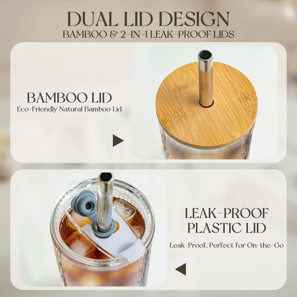 KEMORELA 20oz Ribbed Glass Tumblers with Bamboo & 2 in 1 Leak-Proof Lids, Extra-Wide 13mm Reusable Stainless Steel Straws, 2Pcs Vintage Drinking Glasses for Boba, Iced Coffee, Smoothies,Travel Cups