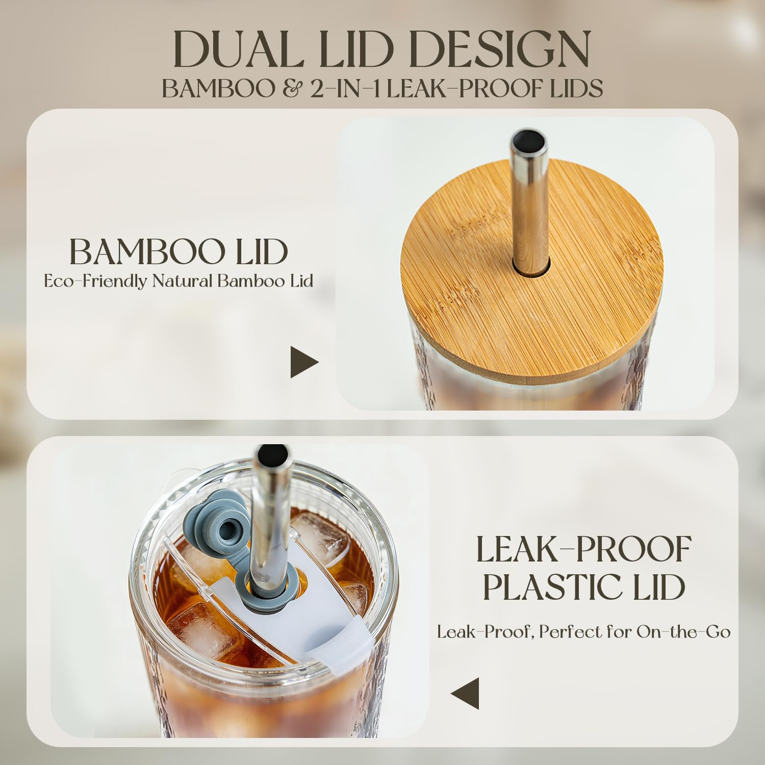 KEMORELA 20oz Ribbed Glass Tumblers with Bamboo & 2 in 1 Leak-Proof Lids, Extra-Wide 13mm Reusable Stainless Steel Straws, 2Pcs Vintage Drinking Glasses for Boba, Iced Coffee, Smoothies,Travel Cups